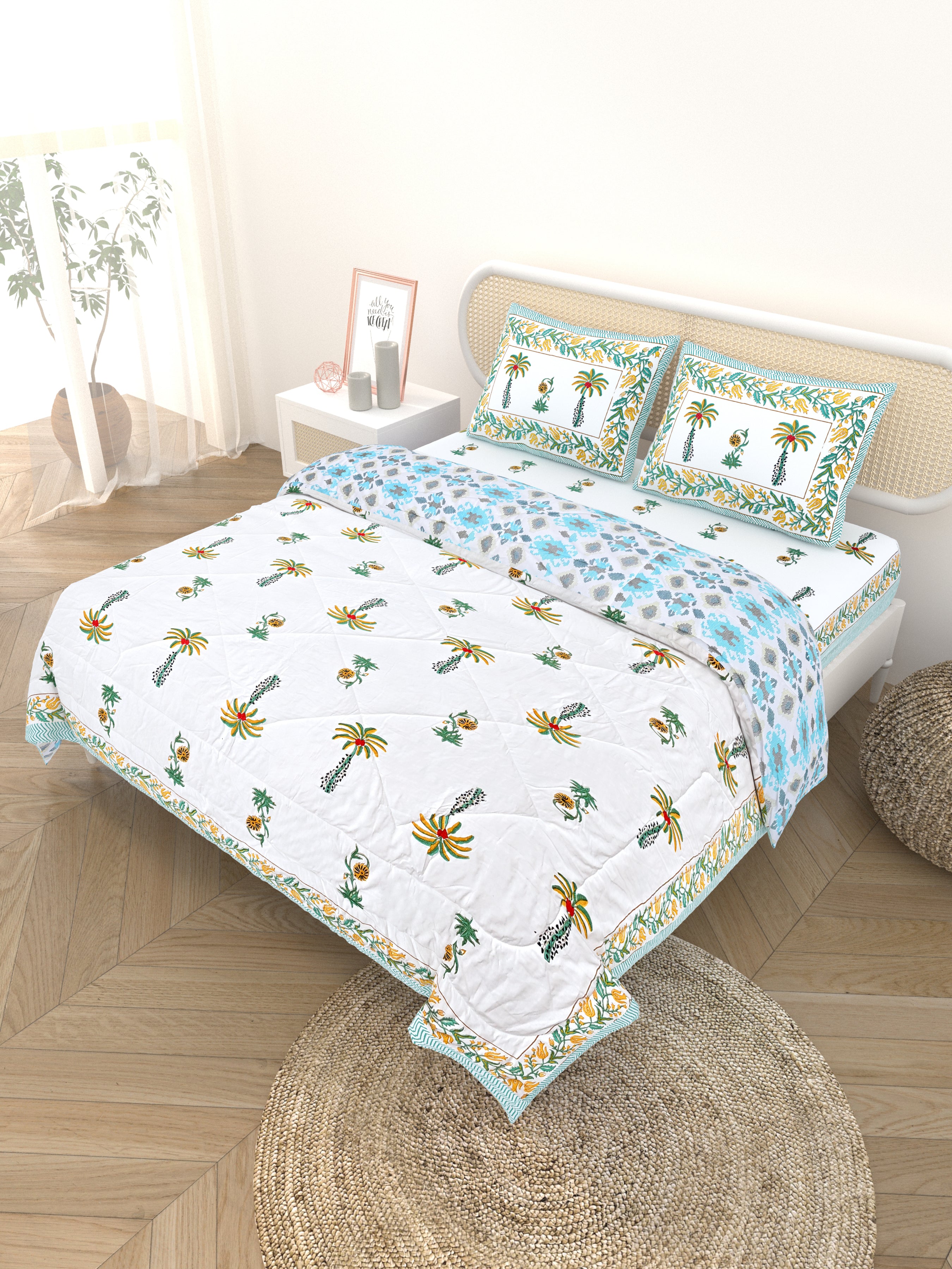Floral Printed Bedding Set - 1 King Bedsheet, 1 Jaipuri Razai/Quilt, 2 Pillow Covers