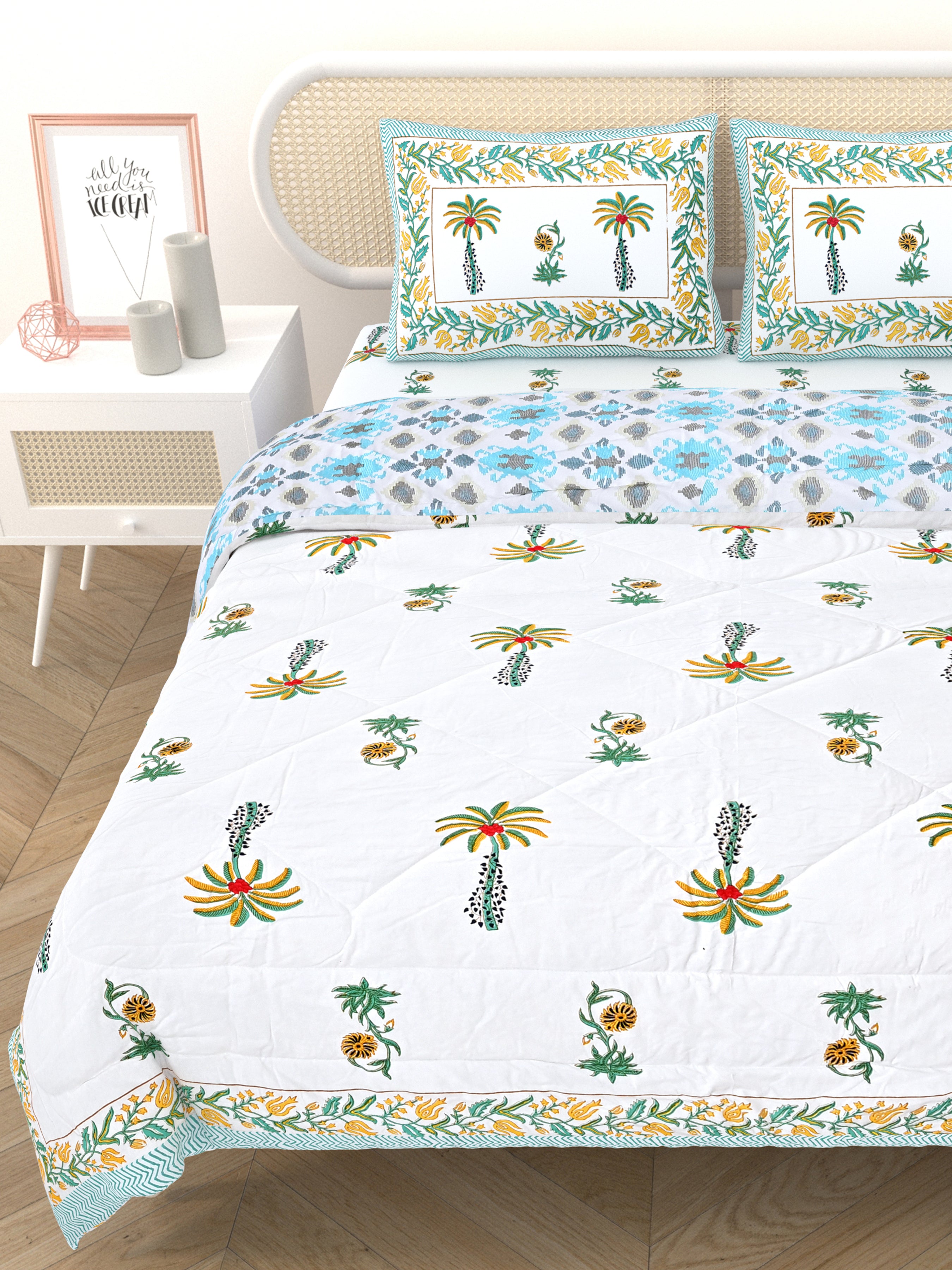 Floral Printed Bedding Set - 1 King Bedsheet, 1 Jaipuri Razai/Quilt, 2 Pillow Covers