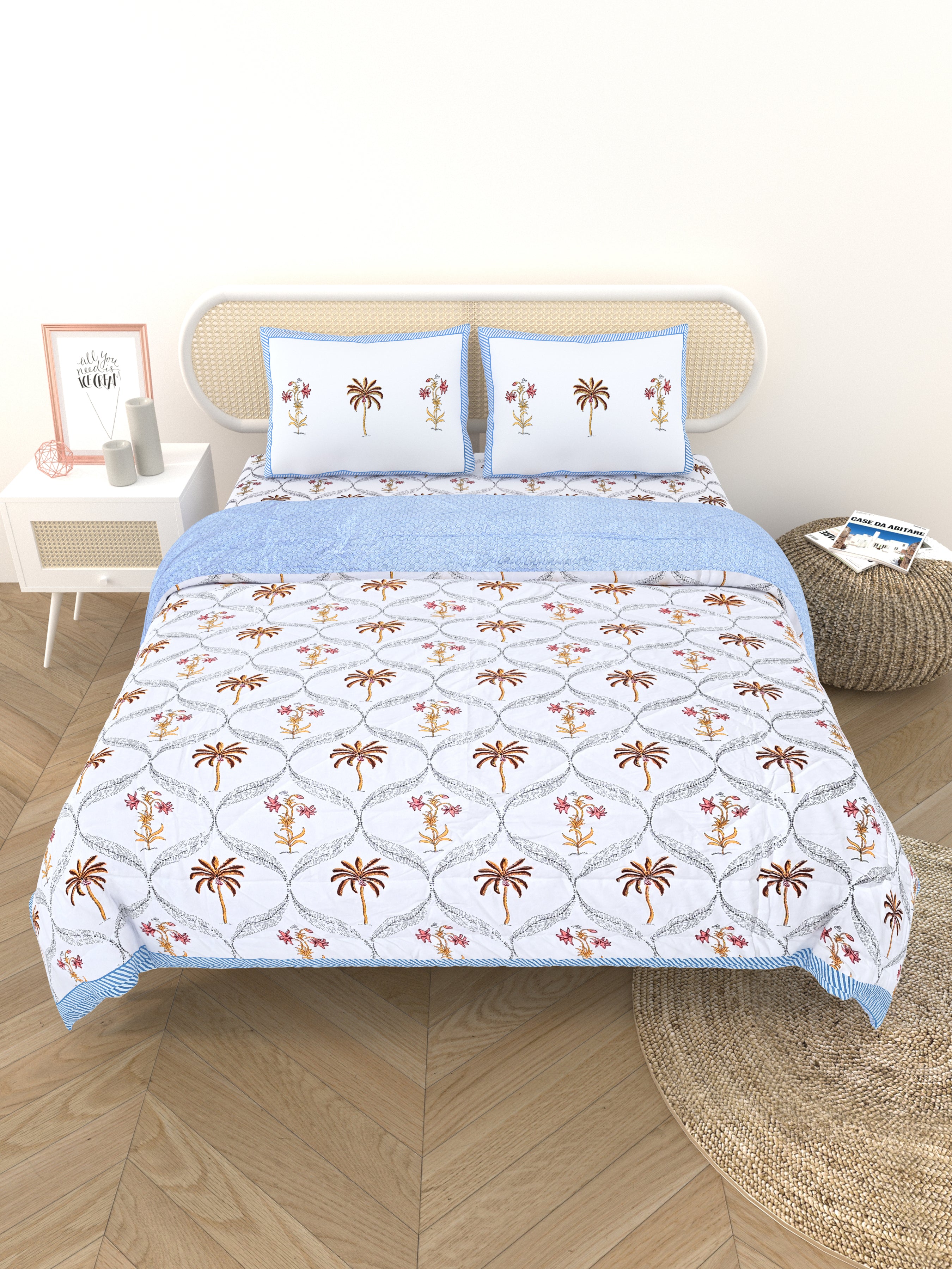 Floral Printed Bedding Set - 1 King Bedsheet, 1 Jaipuri Razai/Quilt, 2 Pillow Covers
