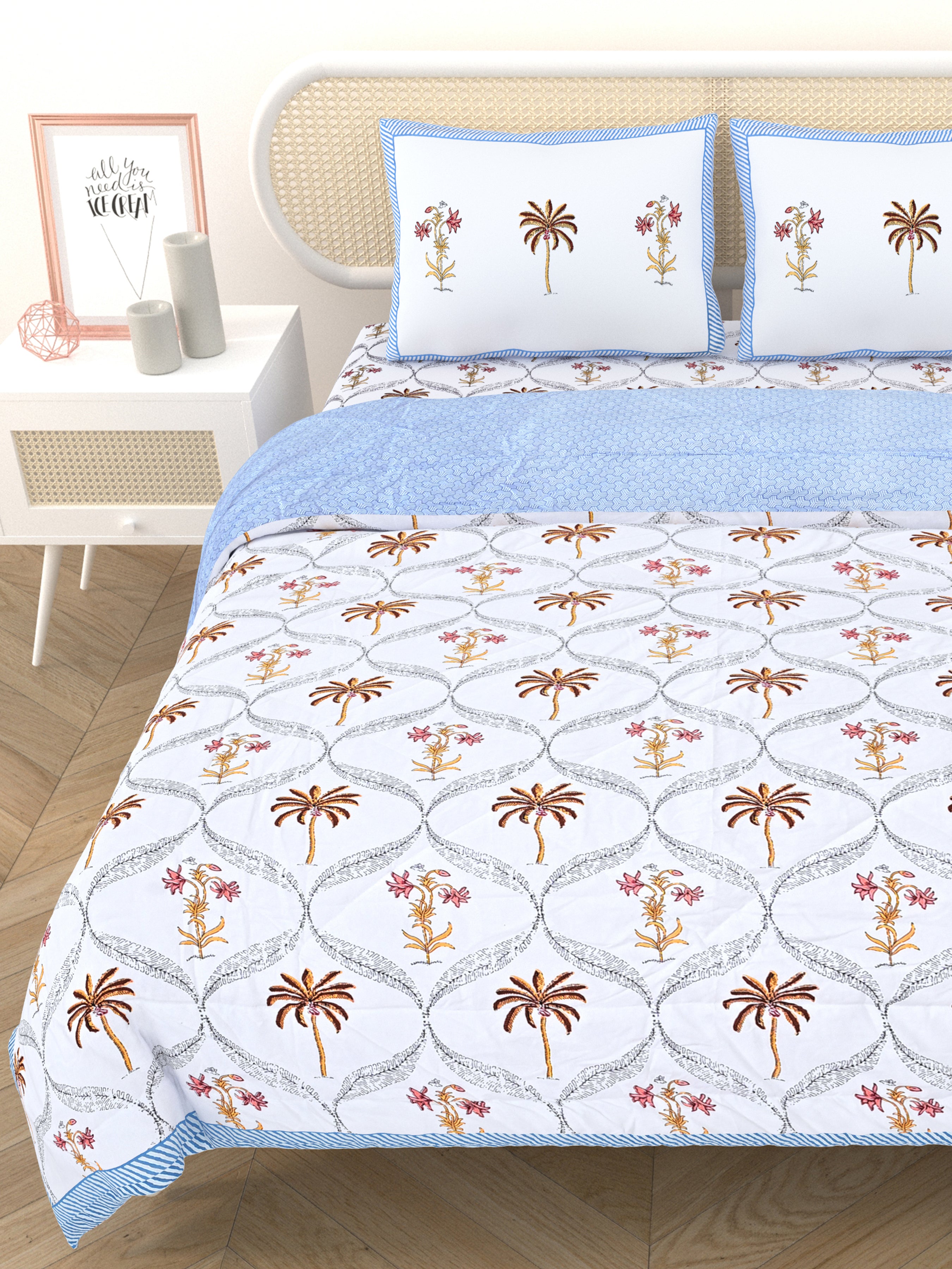 Floral Printed Bedding Set - 1 King Bedsheet, 1 Jaipuri Razai/Quilt, 2 Pillow Covers