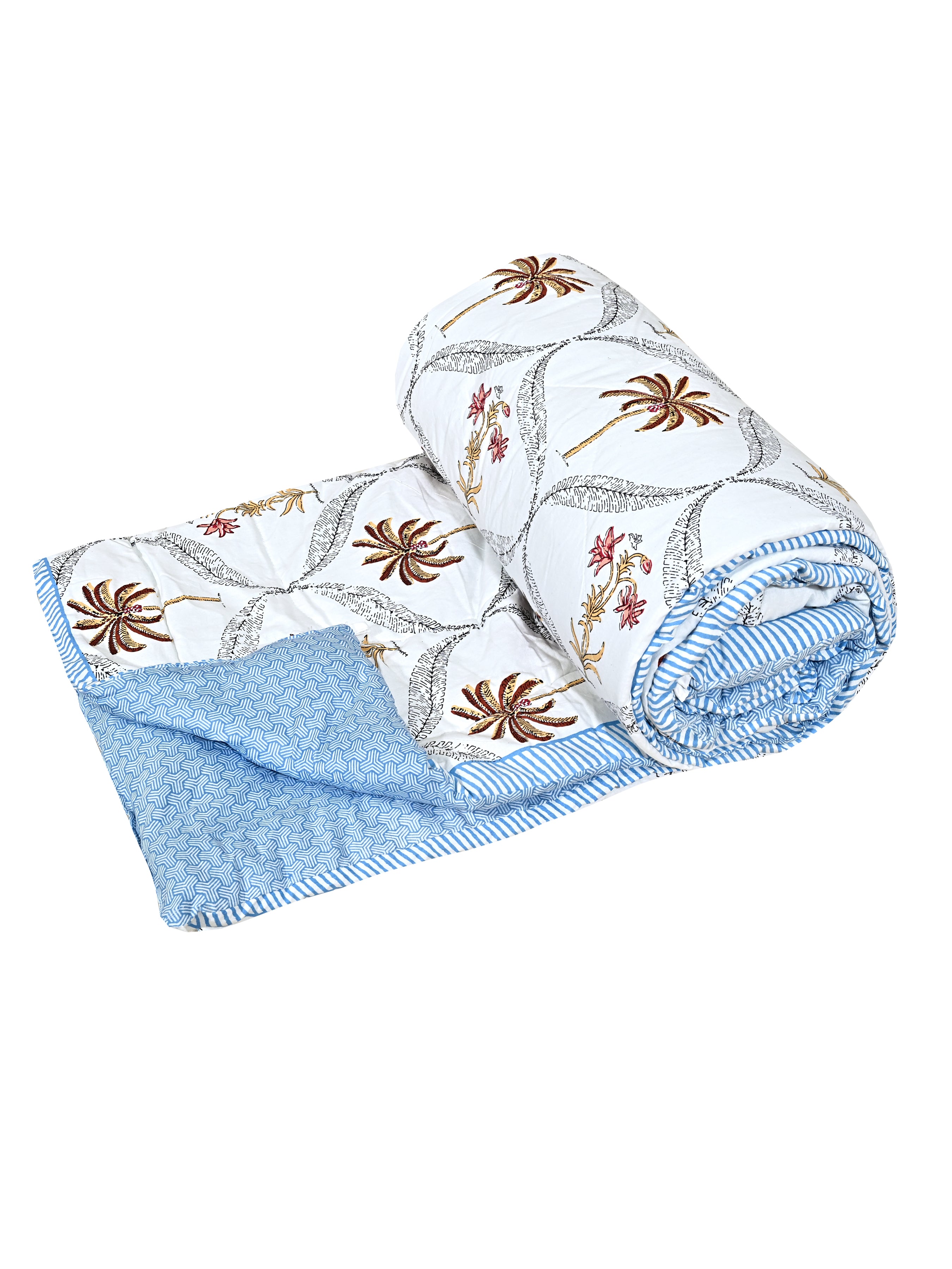 Floral Printed Bedding Set - 1 King Bedsheet, 1 Jaipuri Razai/Quilt, 2 Pillow Covers