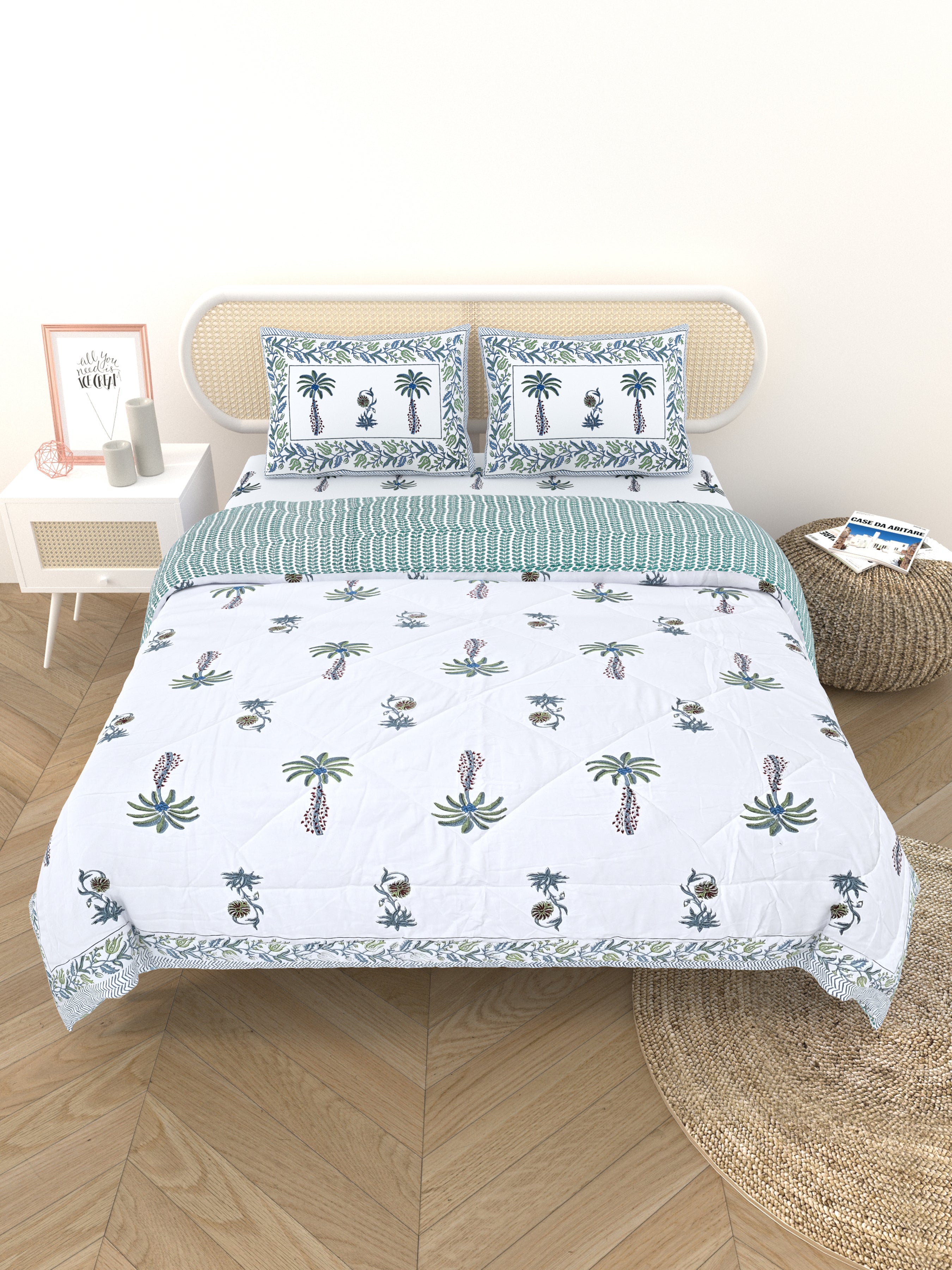 Floral Printed Bedding Set - 1 King Bedsheet, 1 Jaipuri Razai/Quilt, 2 Pillow Covers