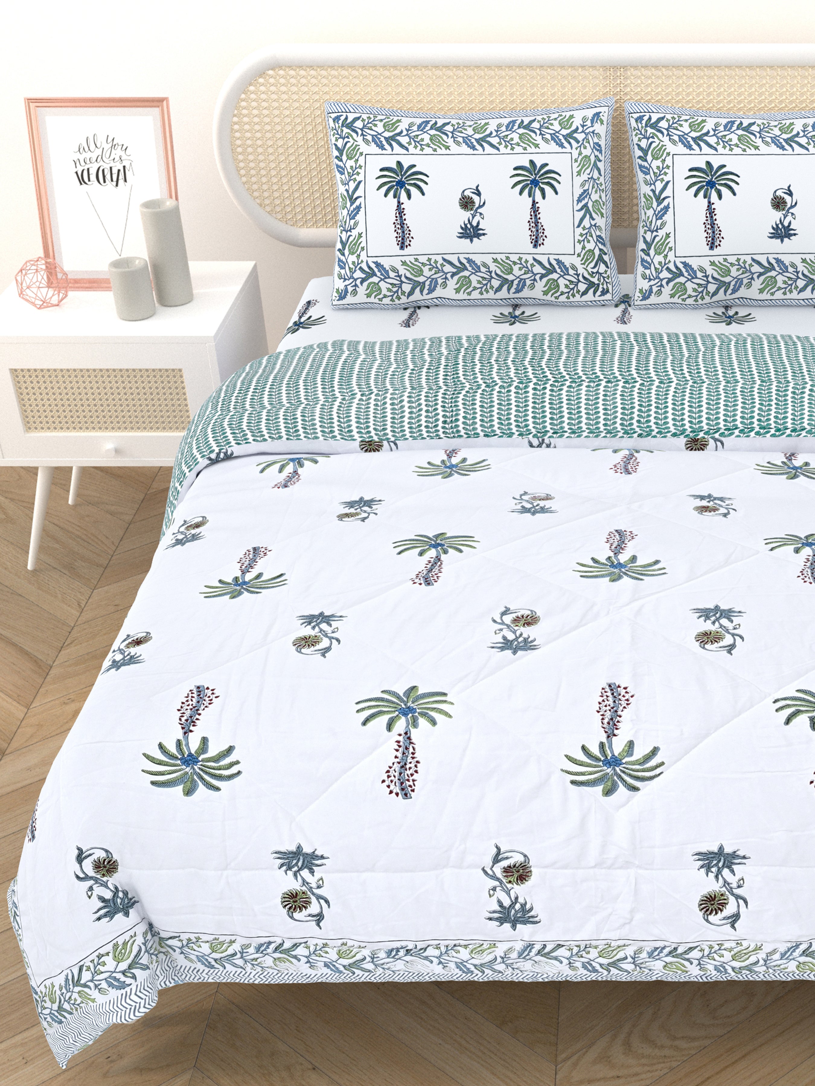 Floral Printed Bedding Set - 1 King Bedsheet, 1 Jaipuri Razai/Quilt, 2 Pillow Covers