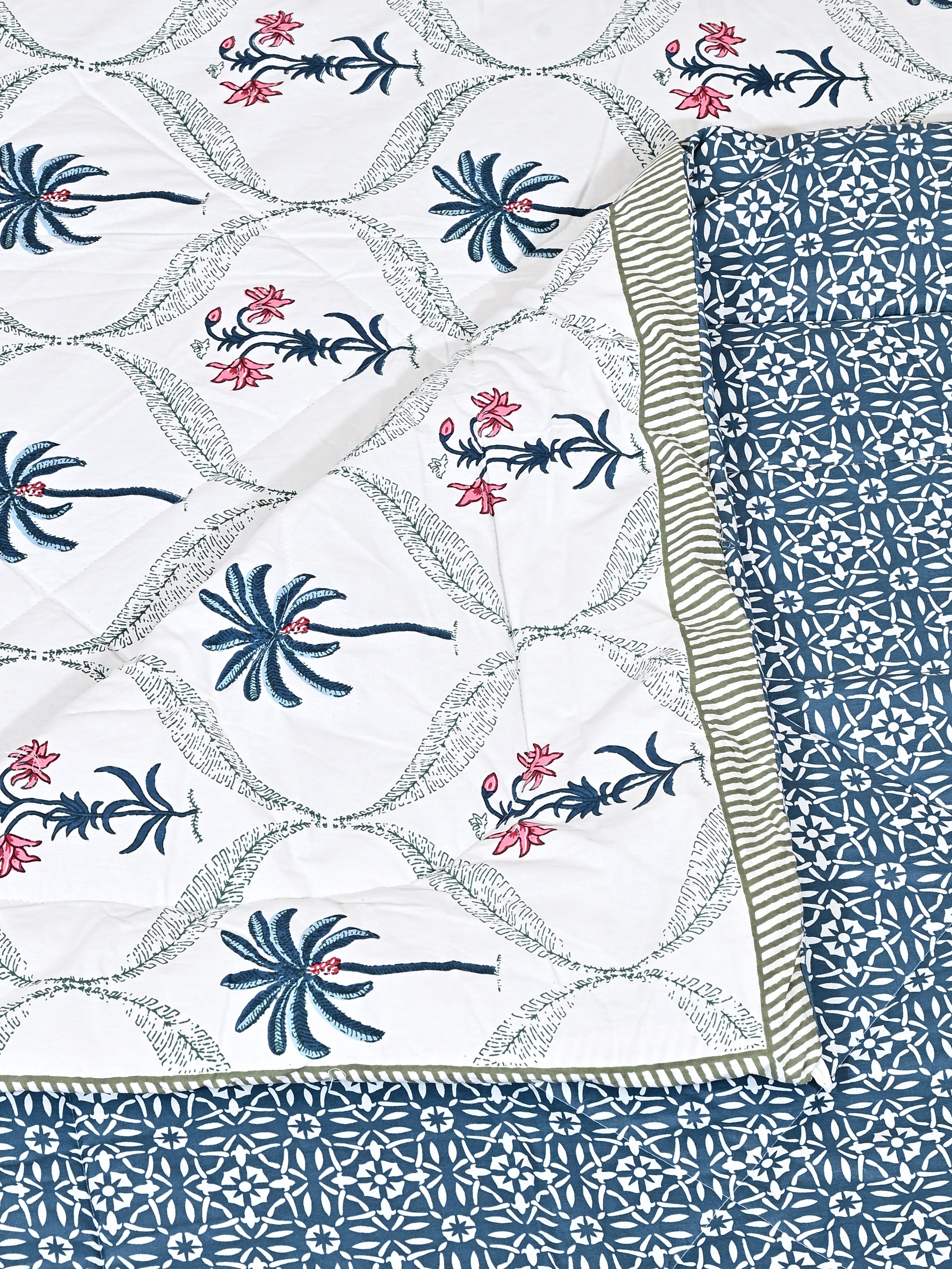 Floral Printed Bedding Set - 1 King Bedsheet, 1 Jaipuri Razai/Quilt, 2 Pillow Covers