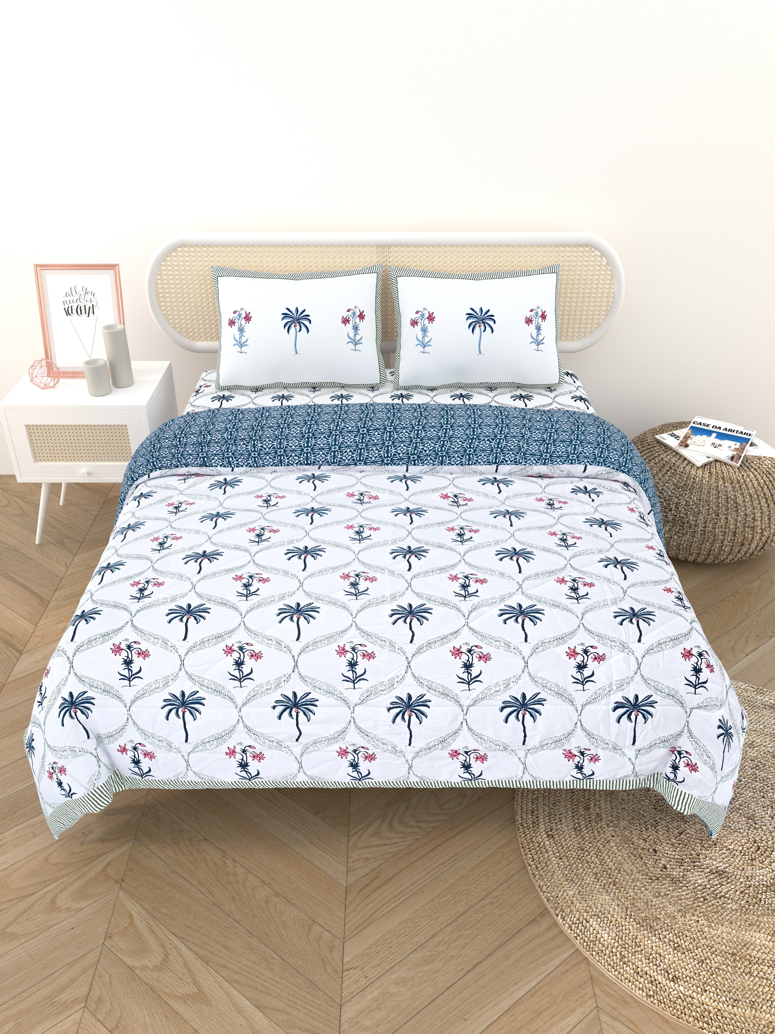 Floral Printed Bedding Set - 1 King Bedsheet, 1 Jaipuri Razai/Quilt, 2 Pillow Covers