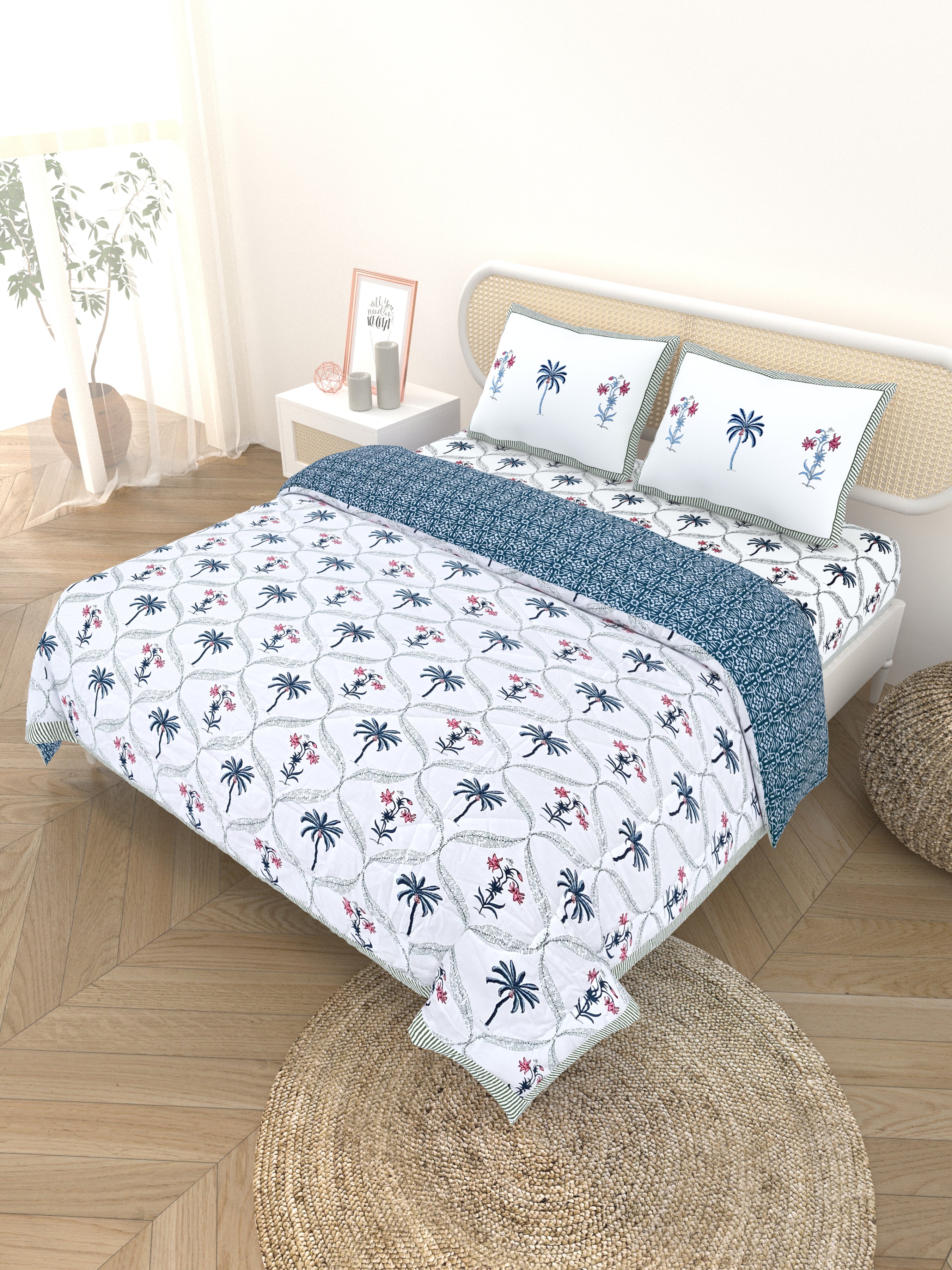 Floral Printed Bedding Set - 1 King Bedsheet, 1 Jaipuri Razai/Quilt, 2 Pillow Covers