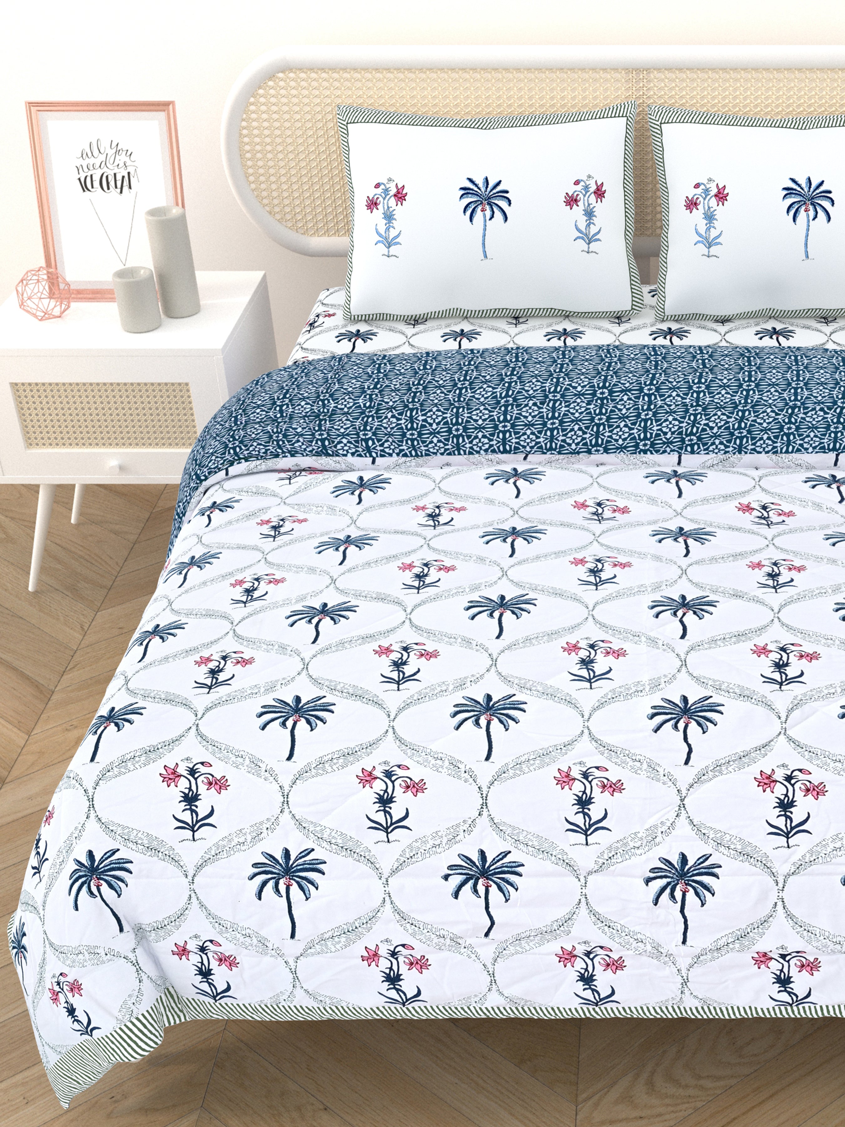 Floral Printed Bedding Set - 1 King Bedsheet, 1 Jaipuri Razai/Quilt, 2 Pillow Covers