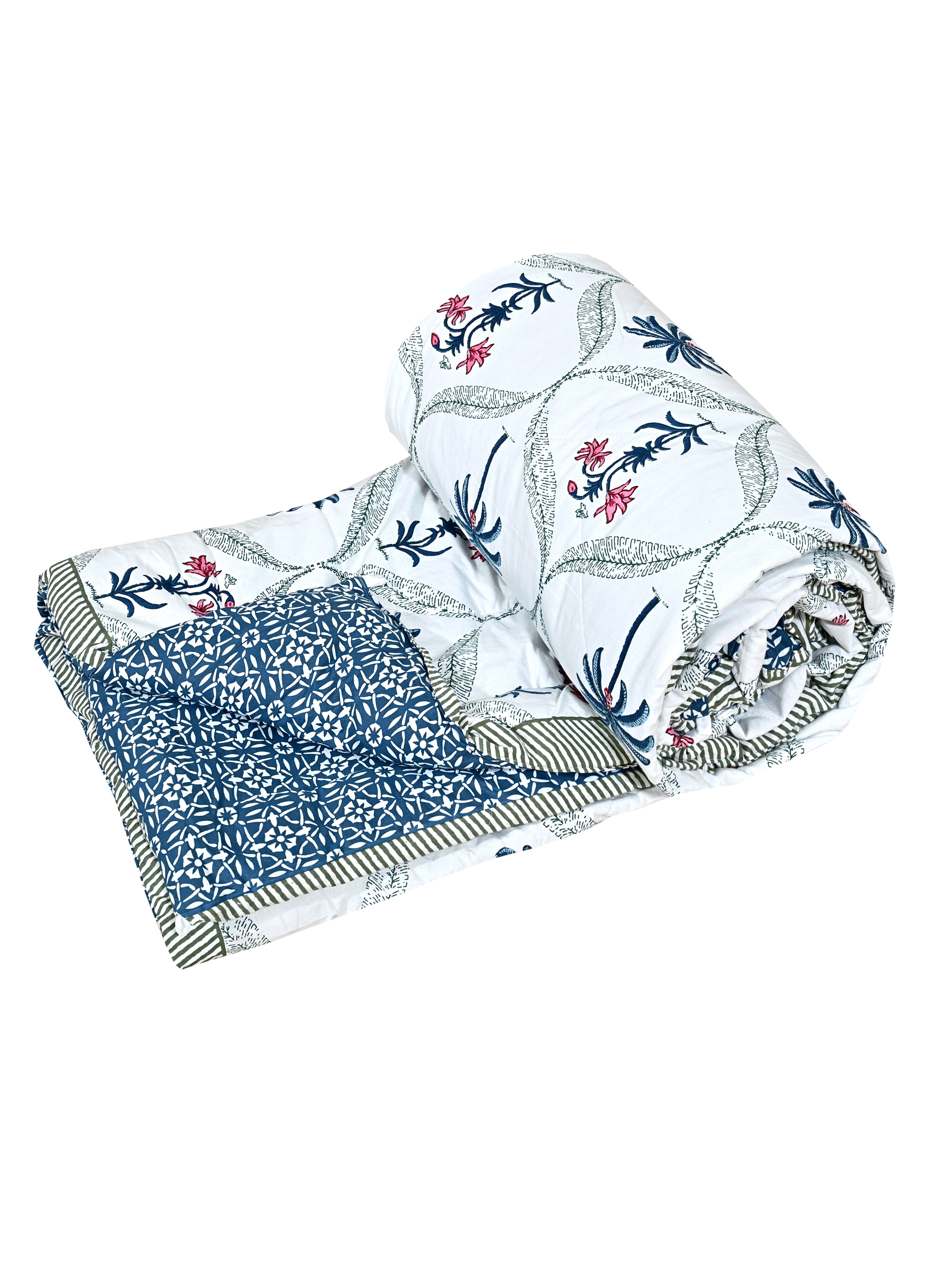 Floral Printed Bedding Set - 1 King Bedsheet, 1 Jaipuri Razai/Quilt, 2 Pillow Covers