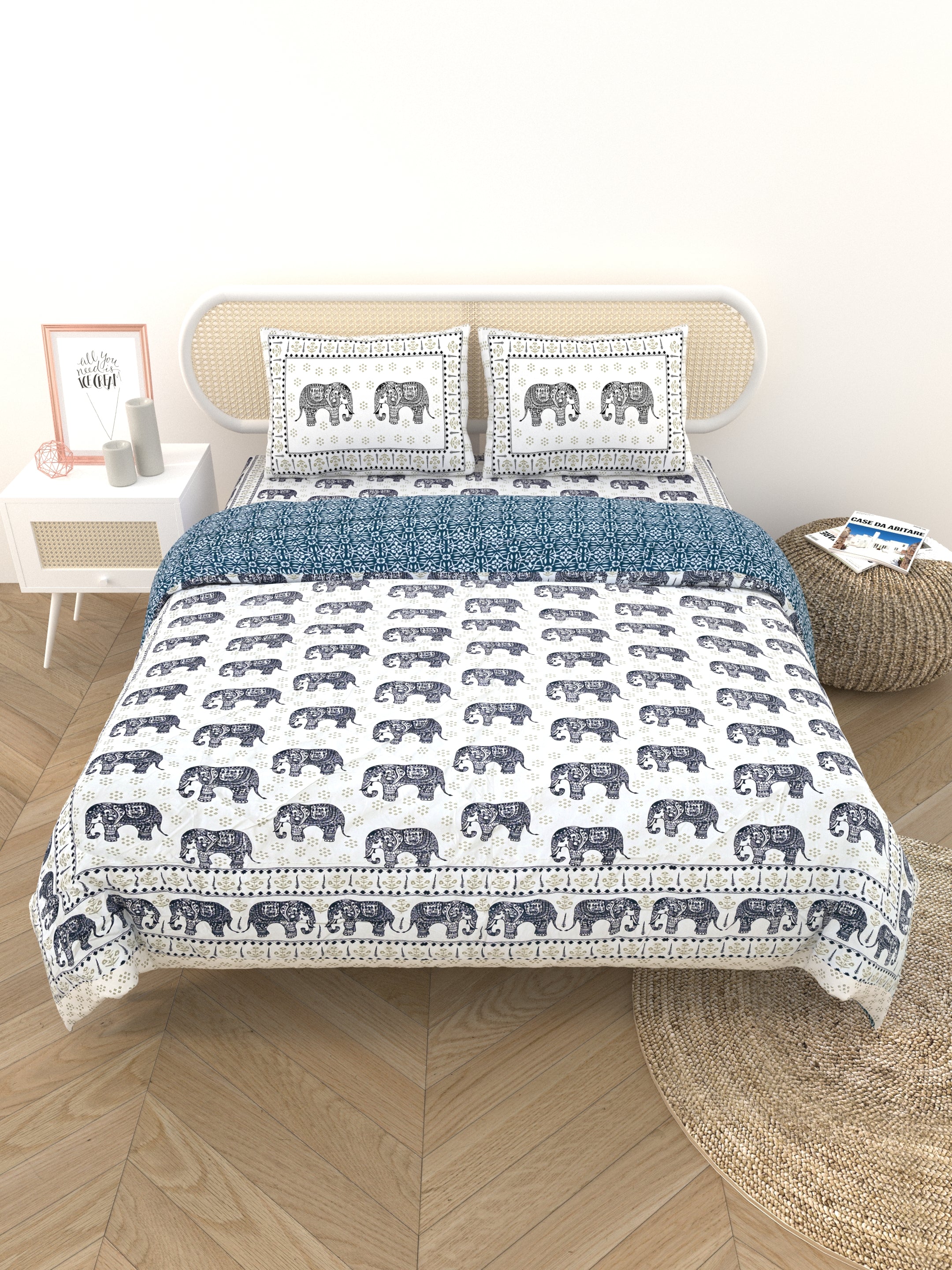 Floral Printed Bedding Set - 1 King Bedsheet, 1 Jaipuri Razai/Quilt, 2 Pillow Covers