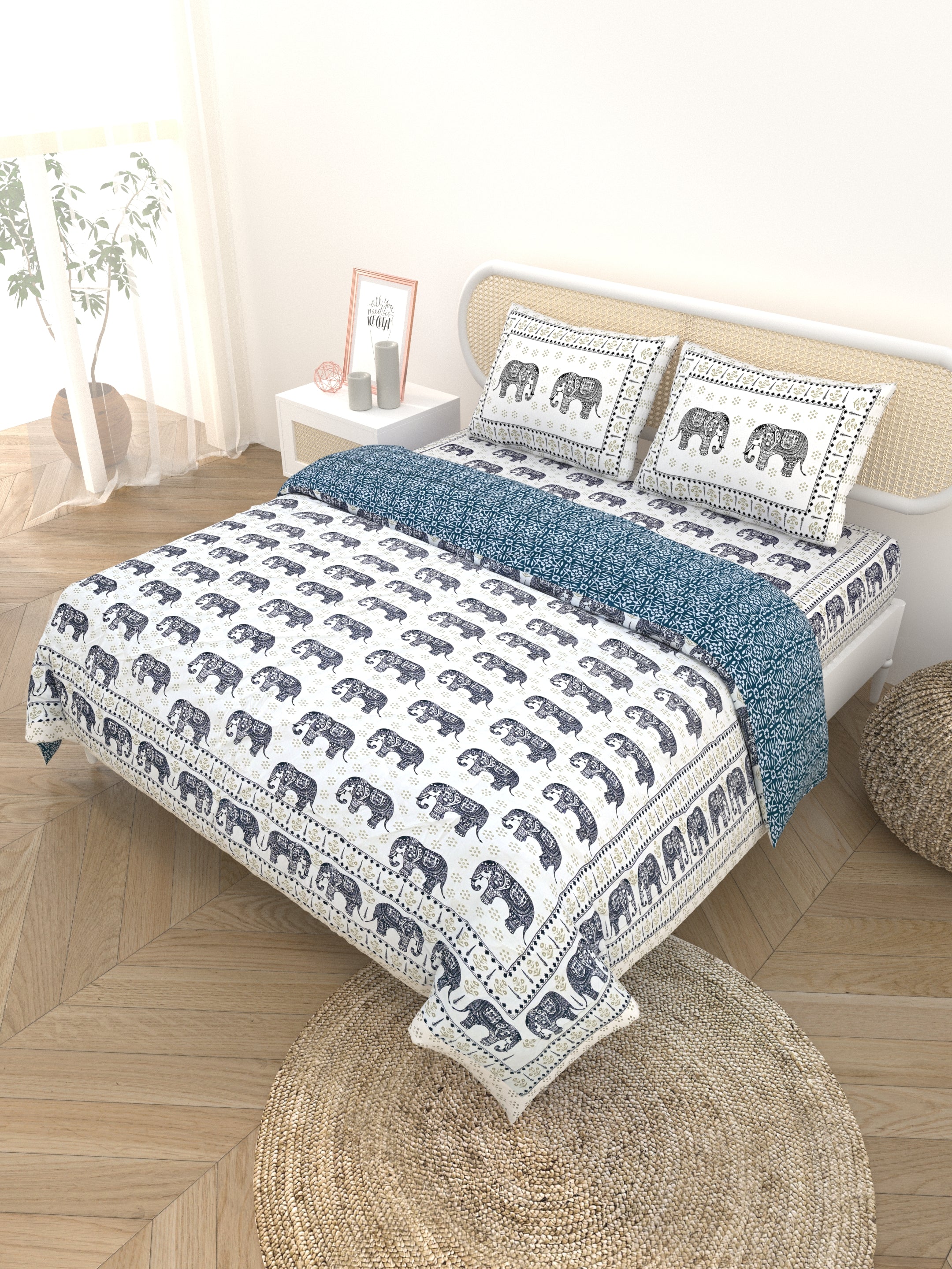 Floral Printed Bedding Set - 1 King Bedsheet, 1 Jaipuri Razai/Quilt, 2 Pillow Covers