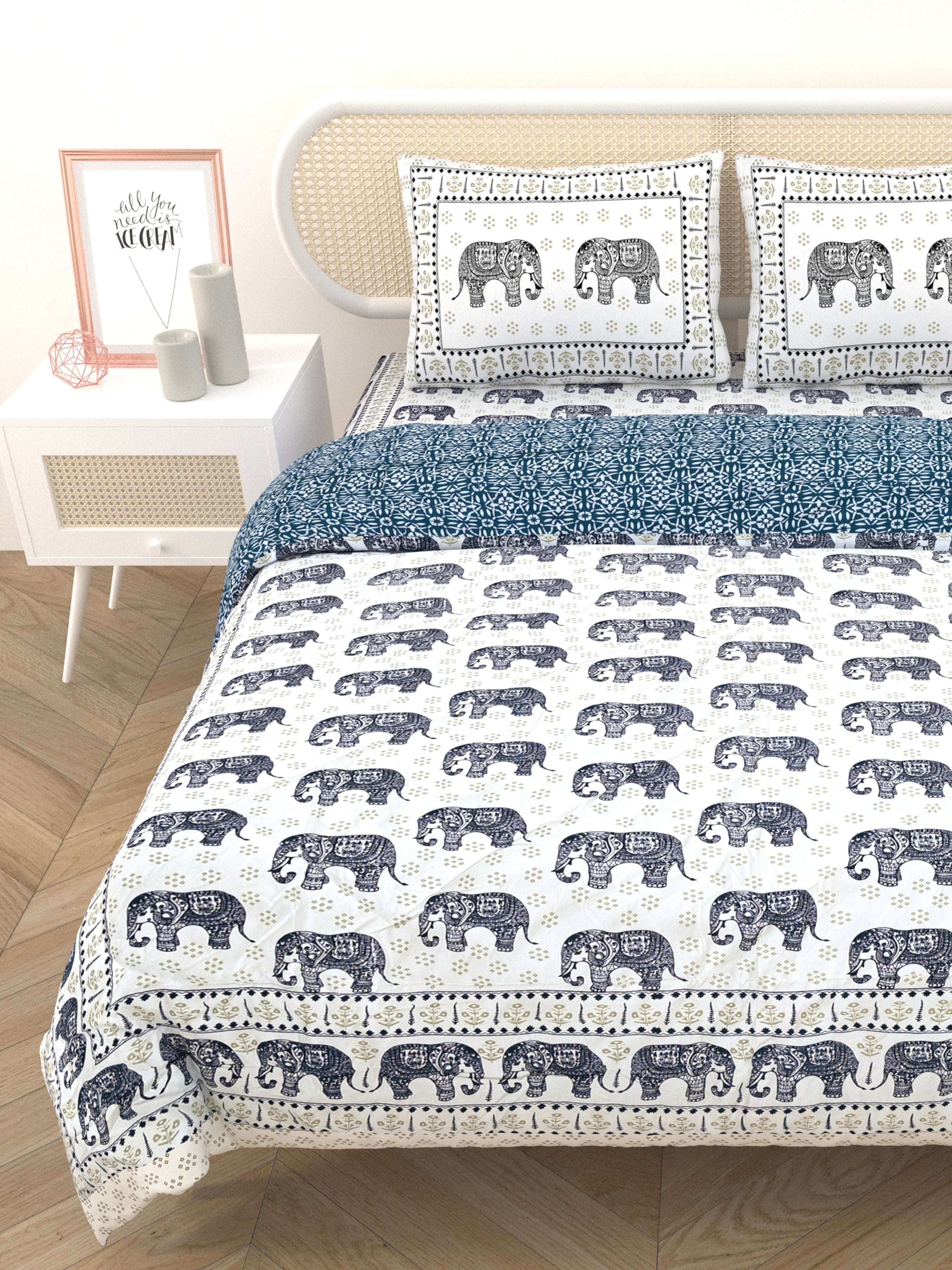 Floral Printed Bedding Set - 1 King Bedsheet, 1 Jaipuri Razai/Quilt, 2 Pillow Covers