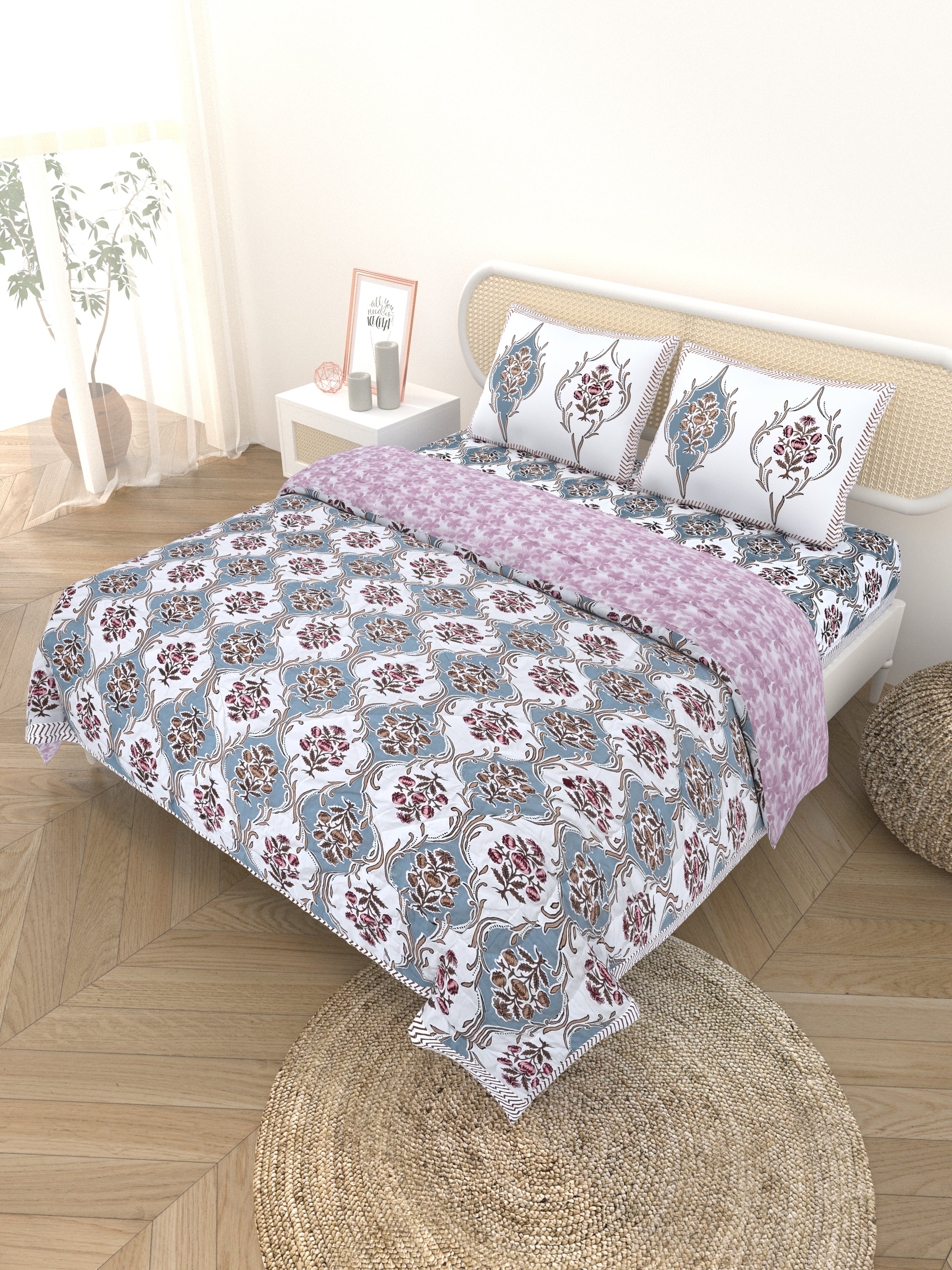 Floral Printed Bedding Set - 1 King Bedsheet, 1 Jaipuri Razai/Quilt, 2 Pillow Covers