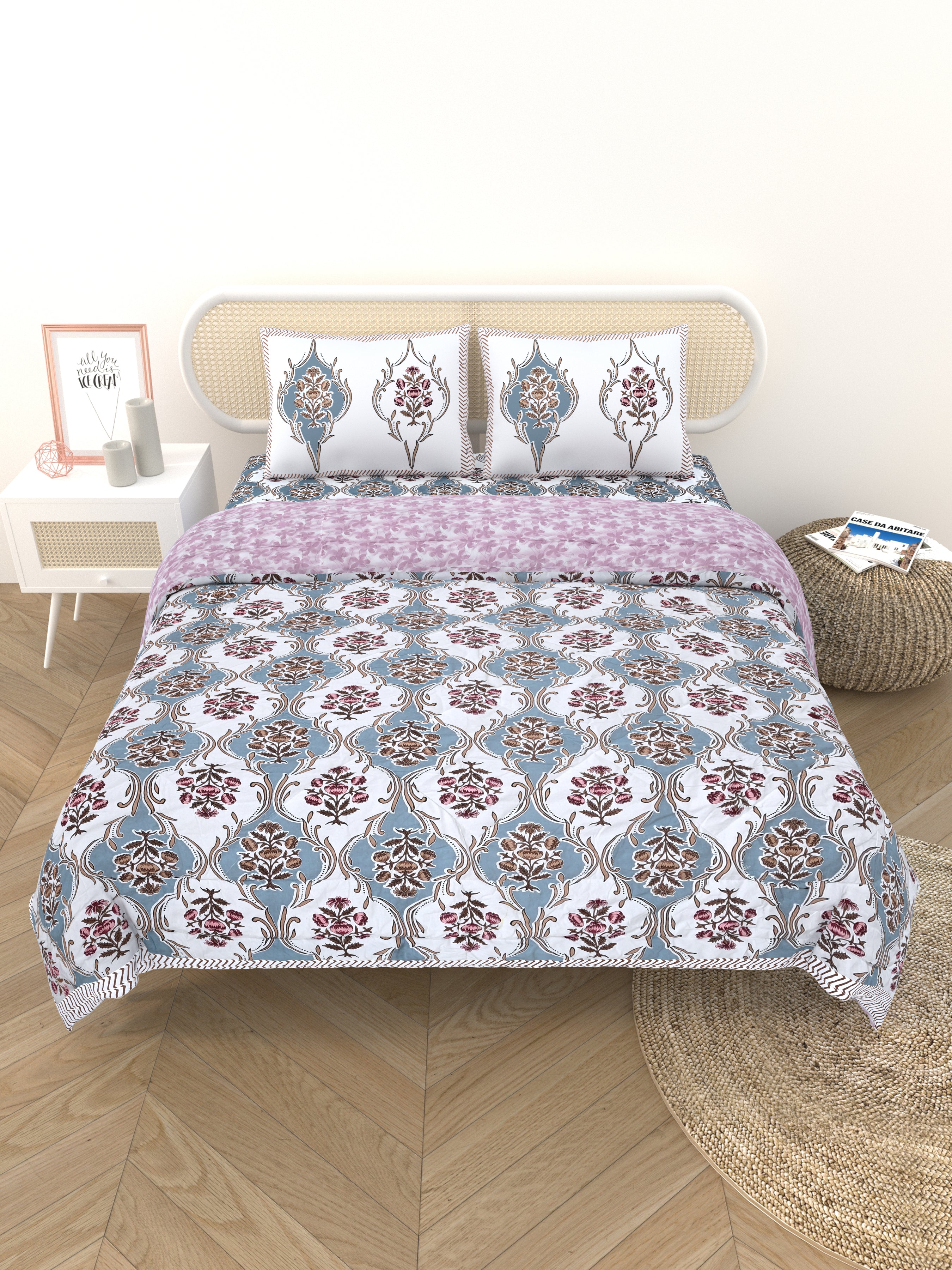 Floral Printed Bedding Set - 1 King Bedsheet, 1 Jaipuri Razai/Quilt, 2 Pillow Covers