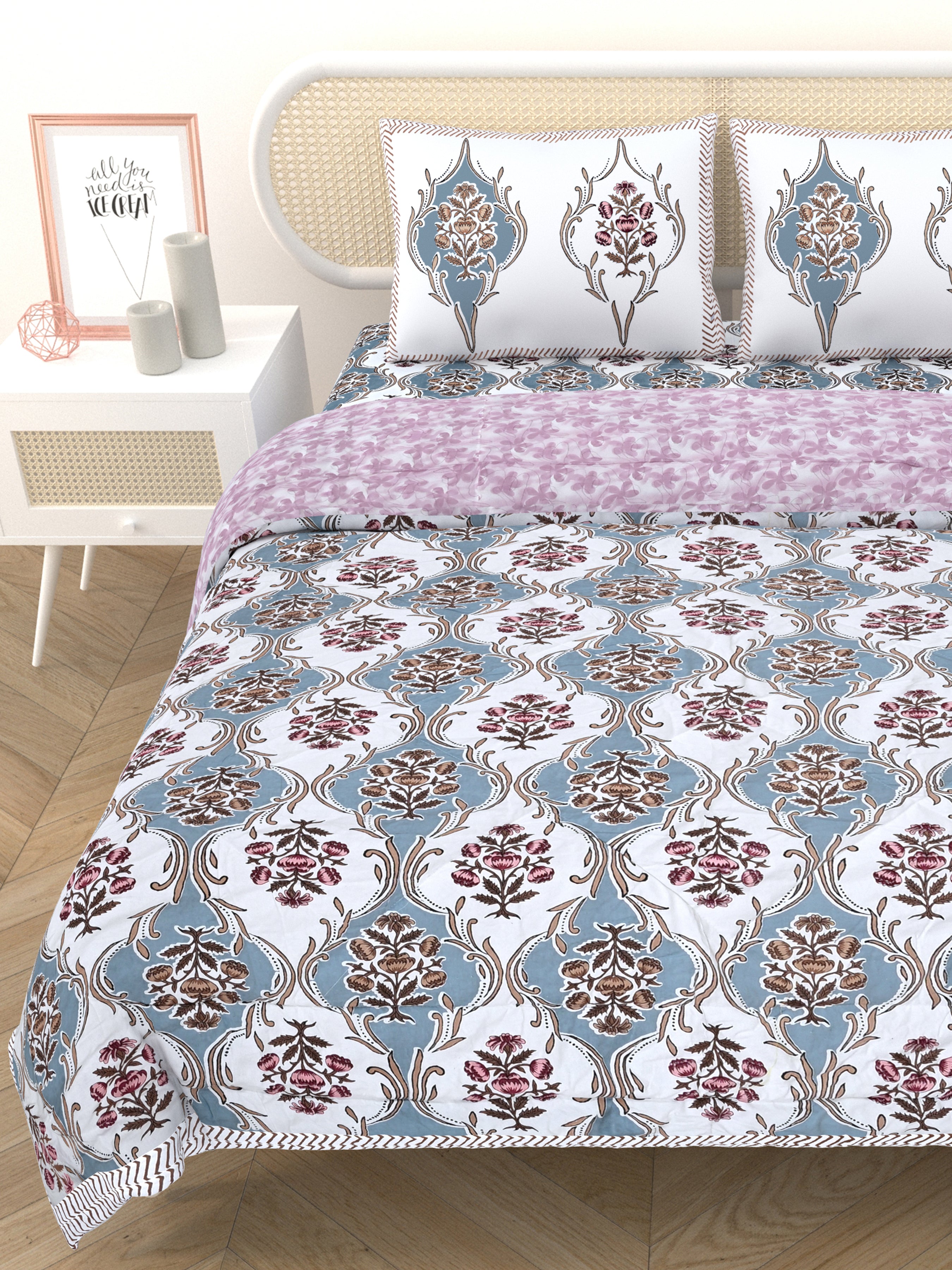 Floral Printed Bedding Set - 1 King Bedsheet, 1 Jaipuri Razai/Quilt, 2 Pillow Covers