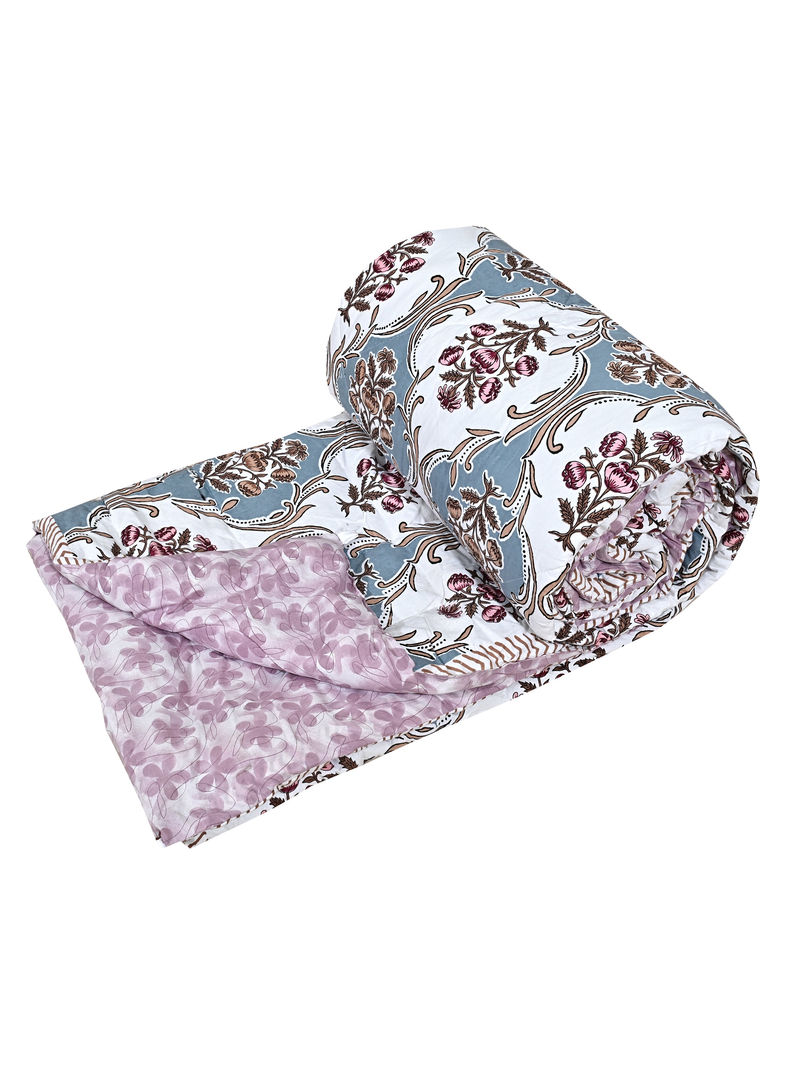 Floral Printed Bedding Set - 1 King Bedsheet, 1 Jaipuri Razai/Quilt, 2 Pillow Covers