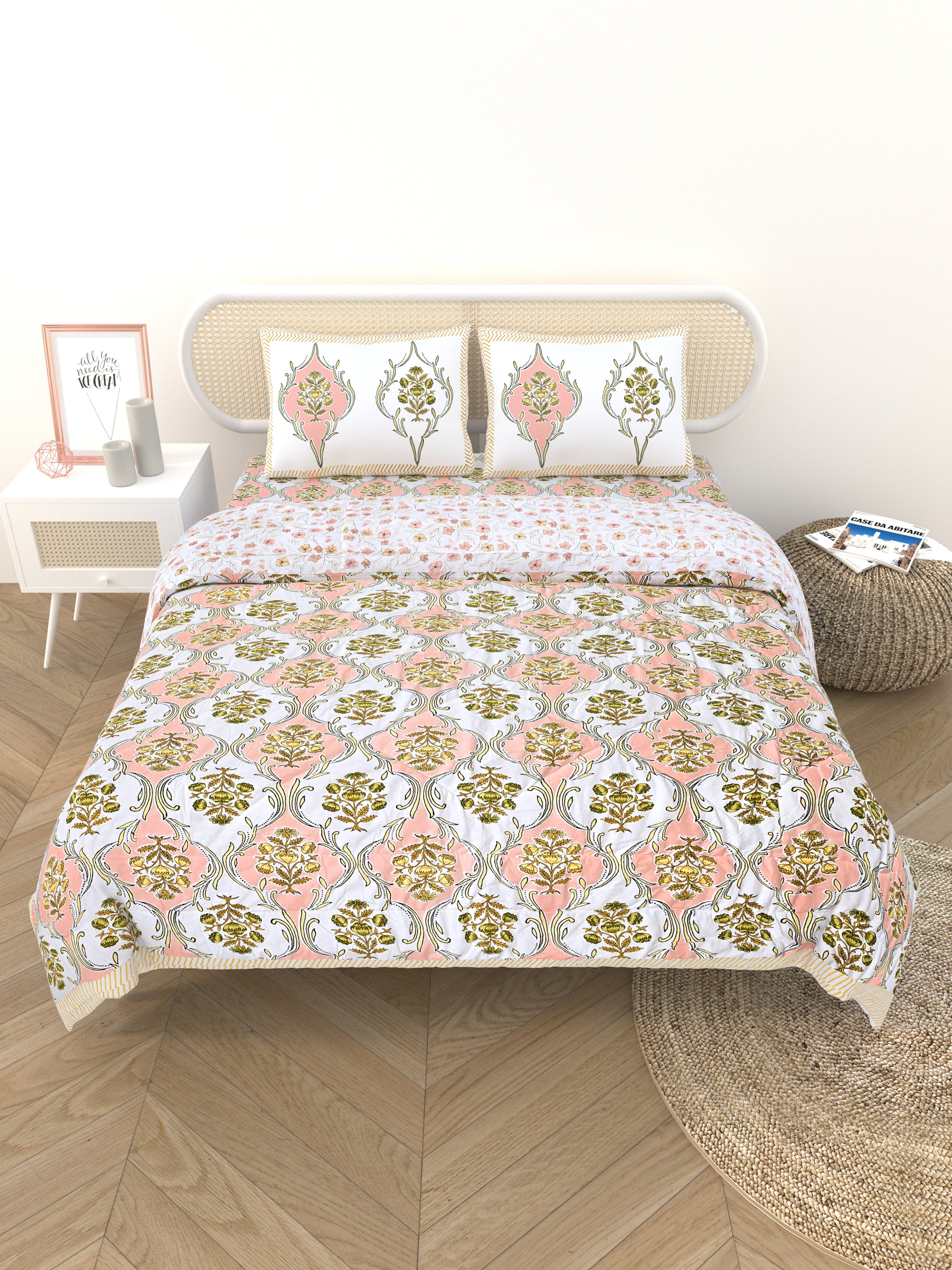 Floral Printed Bedding Set - 1 King Bedsheet, 1 Jaipuri Razai/Quilt, 2 Pillow Covers