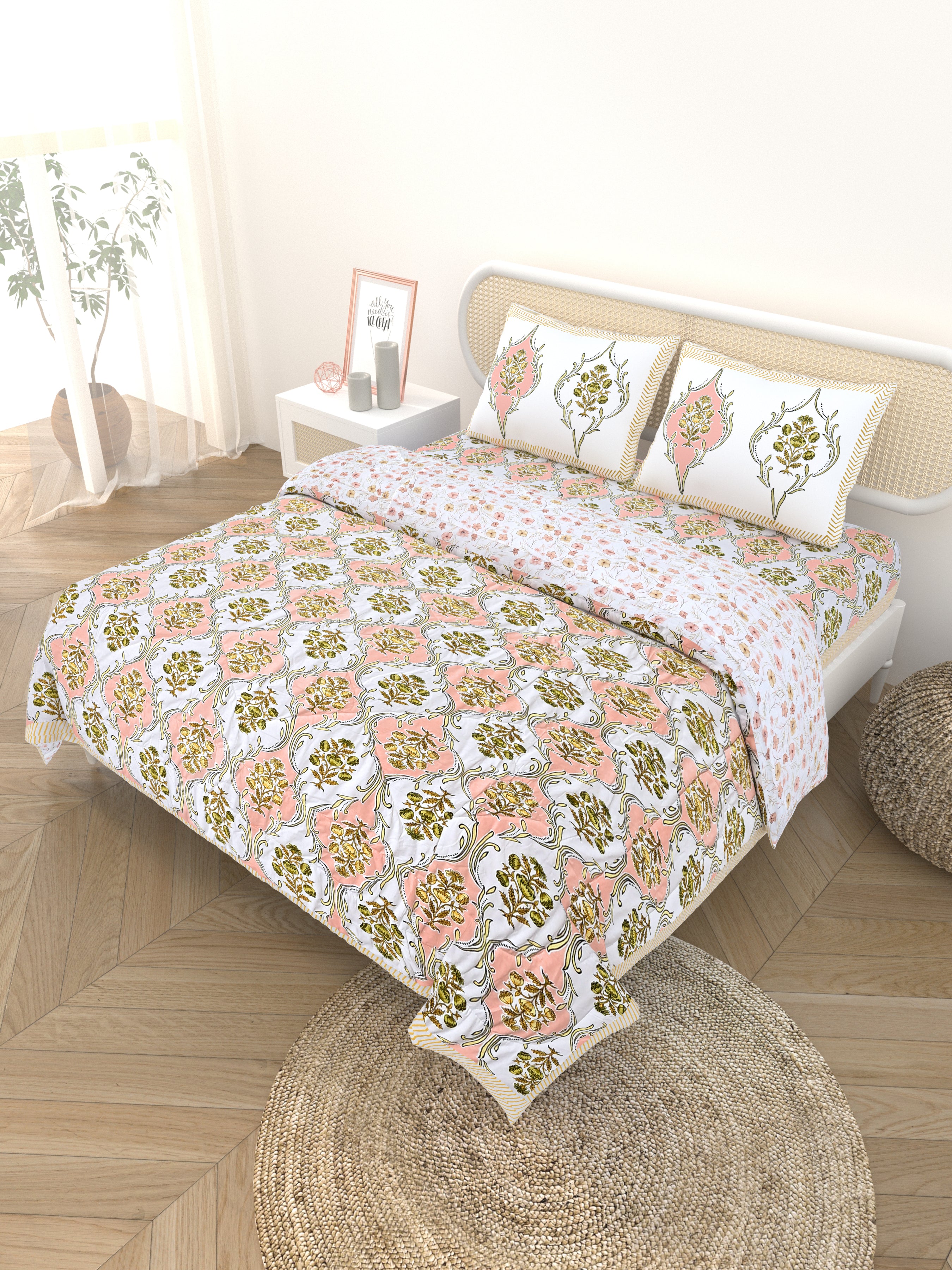 Floral Printed Bedding Set - 1 King Bedsheet, 1 Jaipuri Razai/Quilt, 2 Pillow Covers