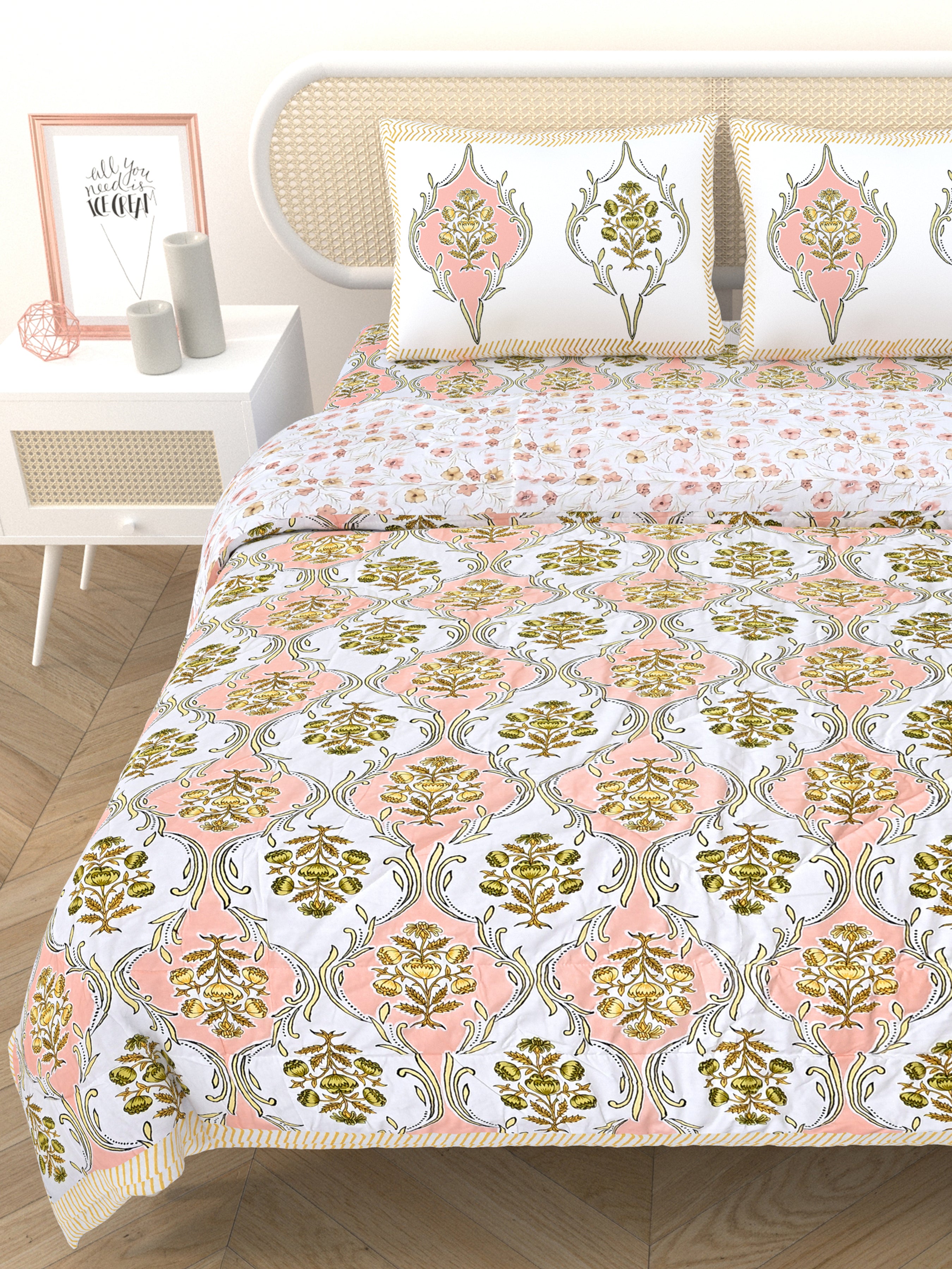 Floral Printed Bedding Set - 1 King Bedsheet, 1 Jaipuri Razai/Quilt, 2 Pillow Covers