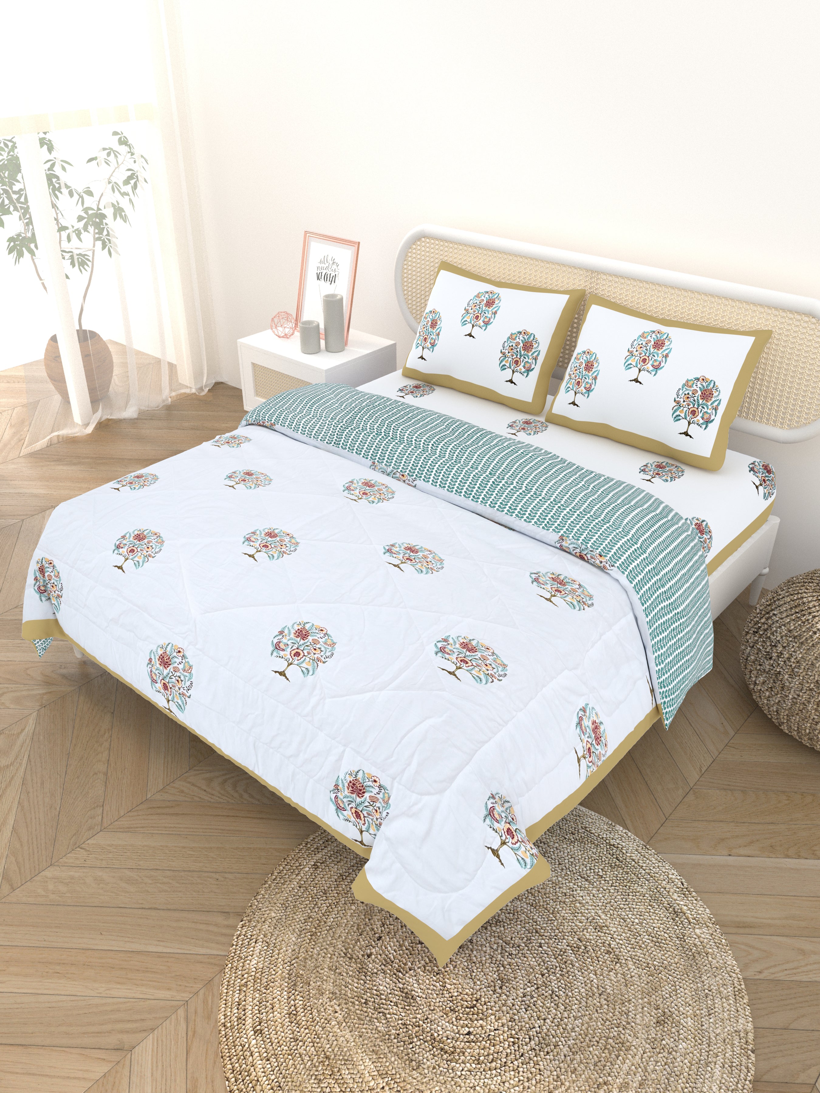 Floral Printed Bedding Set - 1 King Bedsheet, 1 Jaipuri Razai/Quilt, 2 Pillow Covers