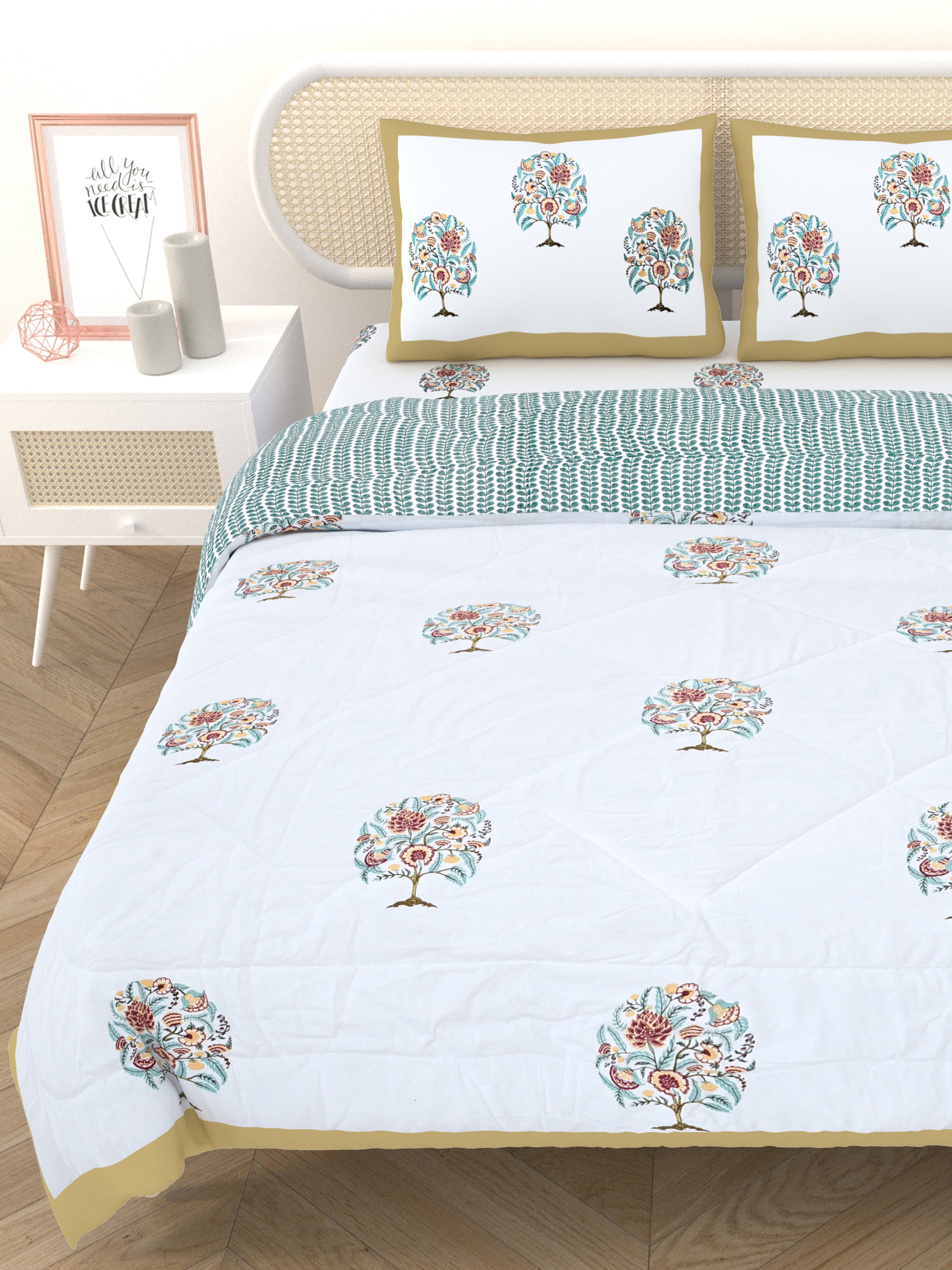 Floral Printed Bedding Set - 1 King Bedsheet, 1 Jaipuri Razai/Quilt, 2 Pillow Covers