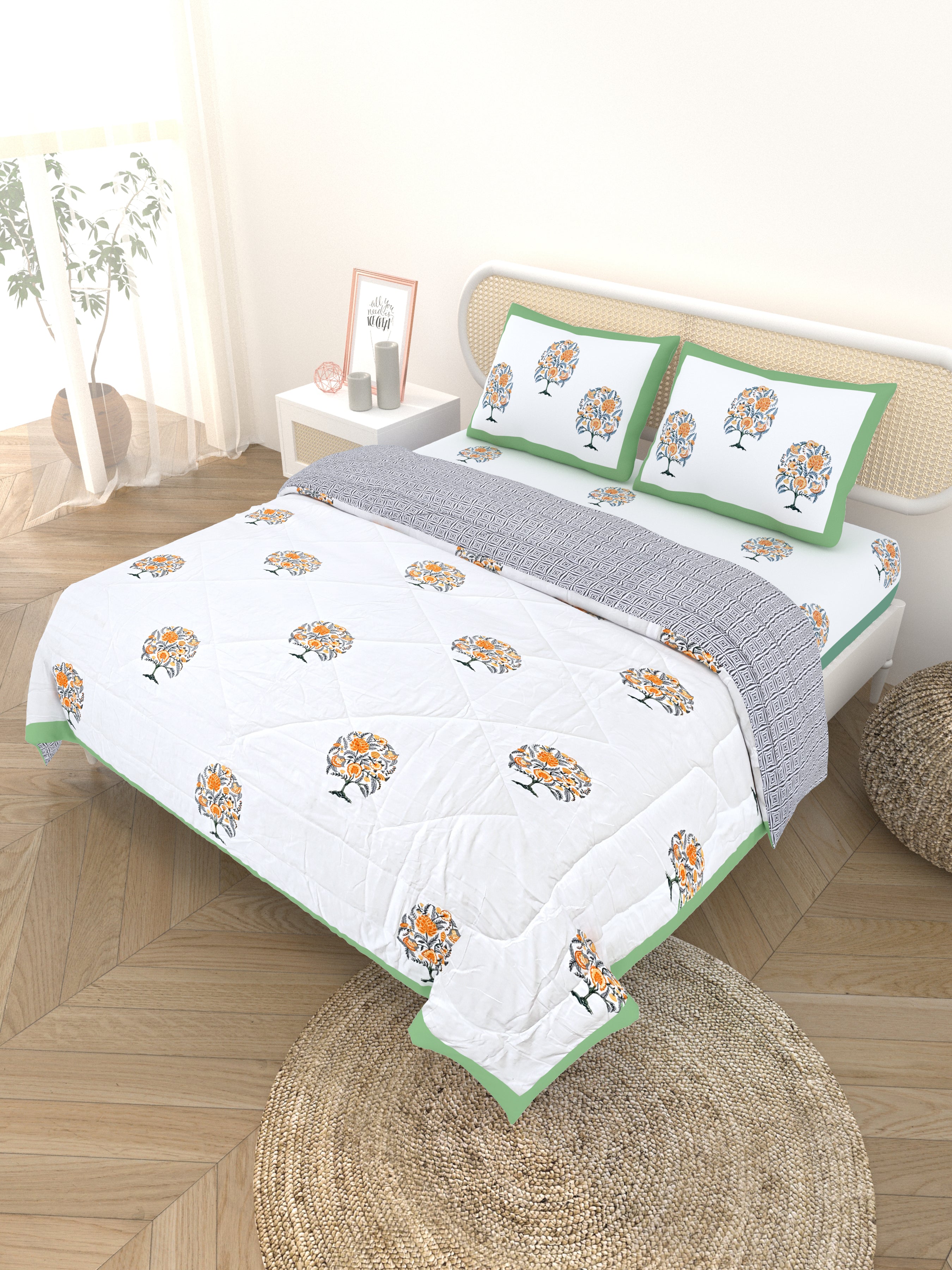 Floral Printed Bedding Set - 1 King Bedsheet, 1 Jaipuri Razai/Quilt, 2 Pillow Covers