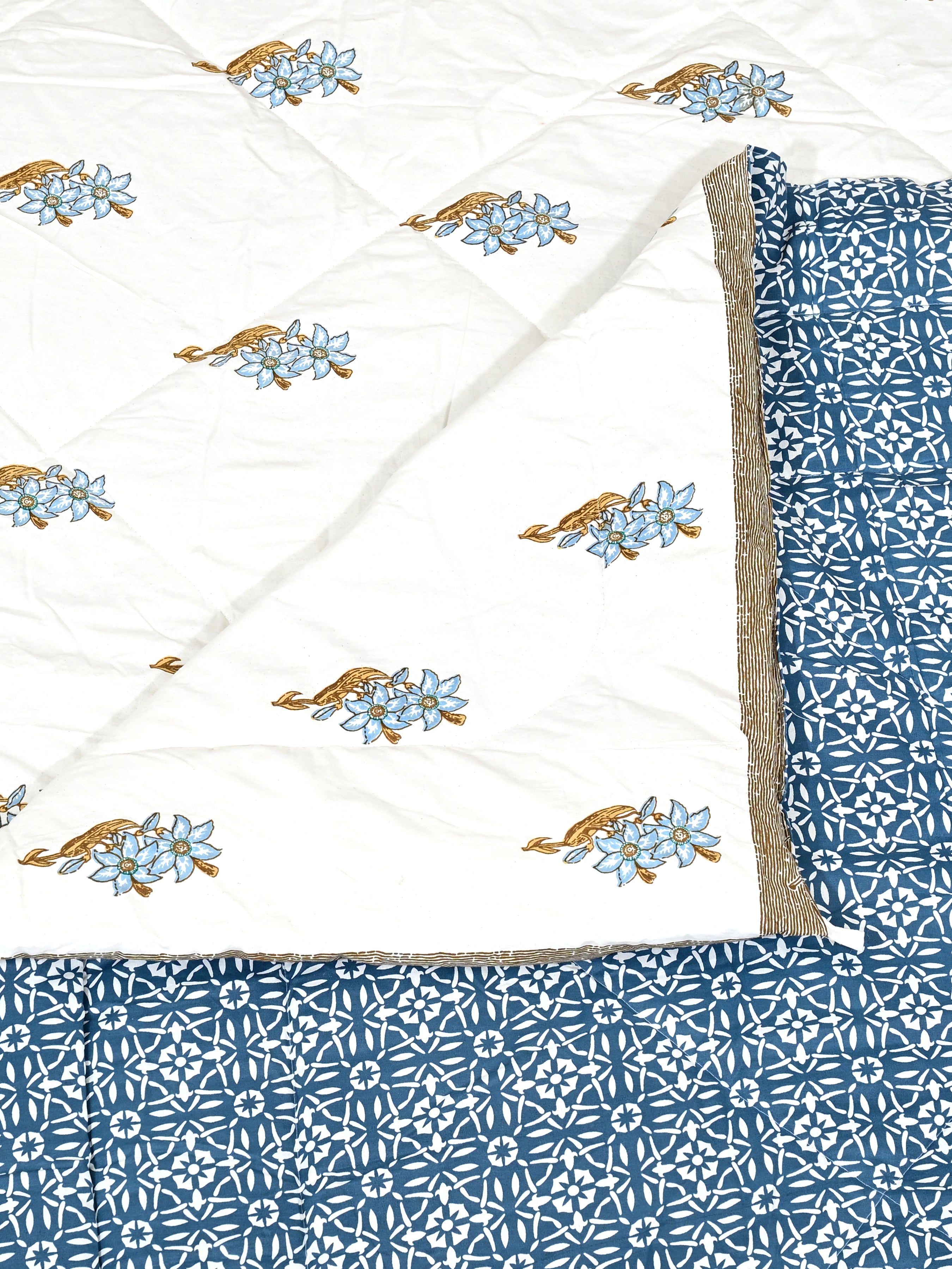 Floral Printed Bedding Set - 1 King Bedsheet, 1 Jaipuri Razai/Quilt, 2 Pillow Covers