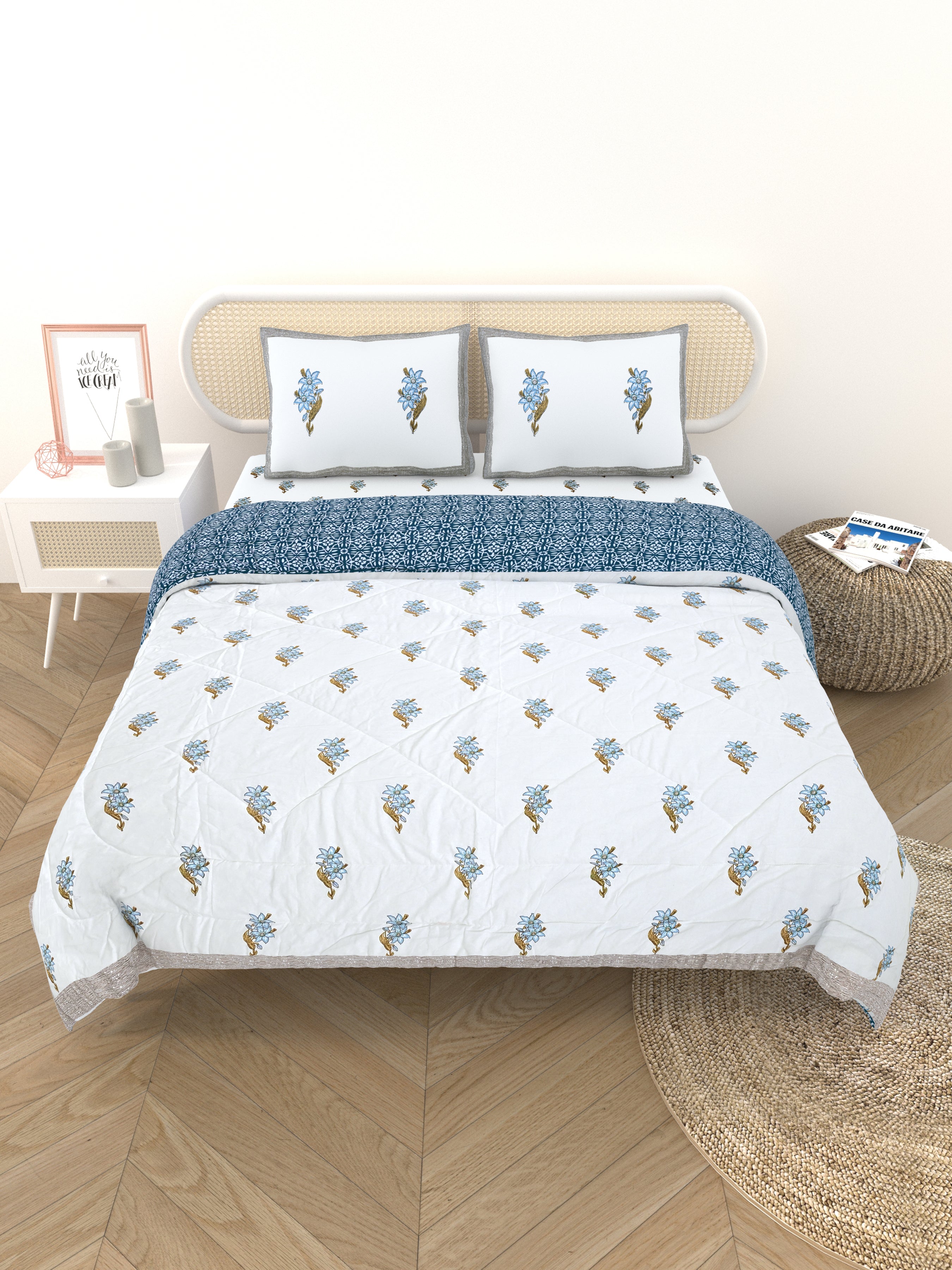 Floral Printed Bedding Set - 1 King Bedsheet, 1 Jaipuri Razai/Quilt, 2 Pillow Covers