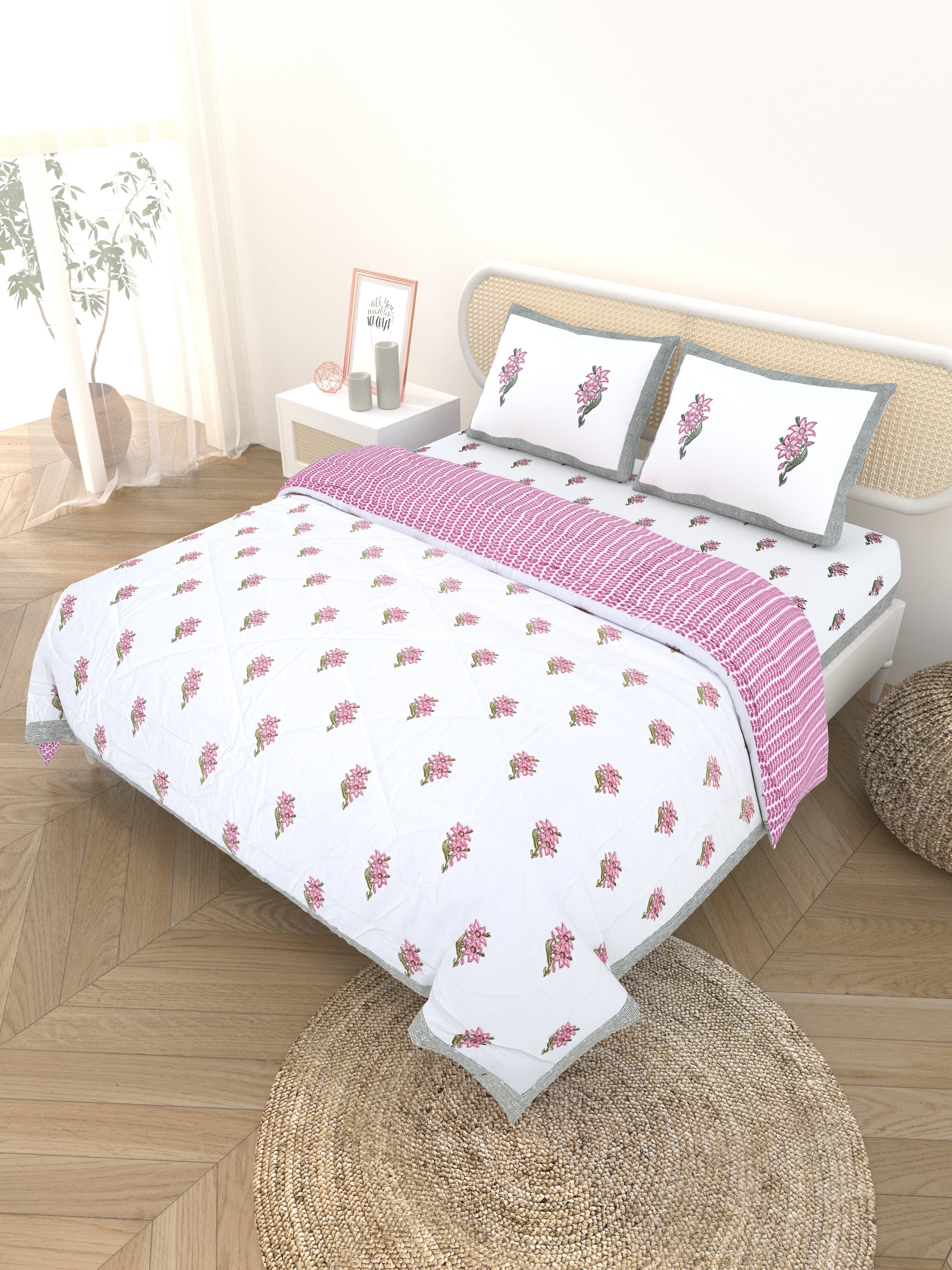 Floral Printed Bedding Set - 1 King Bedsheet, 1 Jaipuri Razai/Quilt, 2 Pillow Covers