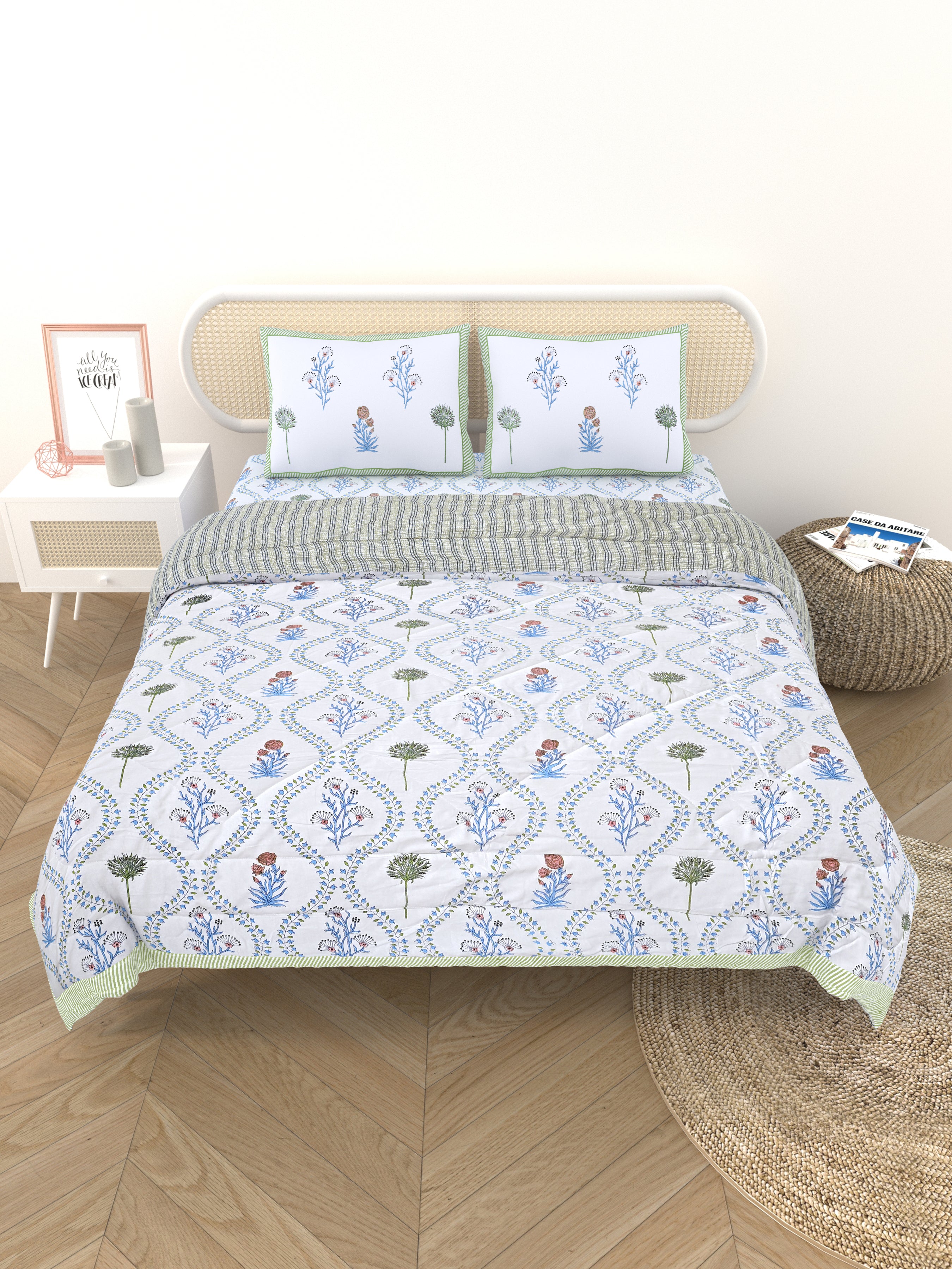 Floral Printed Bedding Set - 1 King Bedsheet, 1 Jaipuri Razai/Quilt, 2 Pillow Covers
