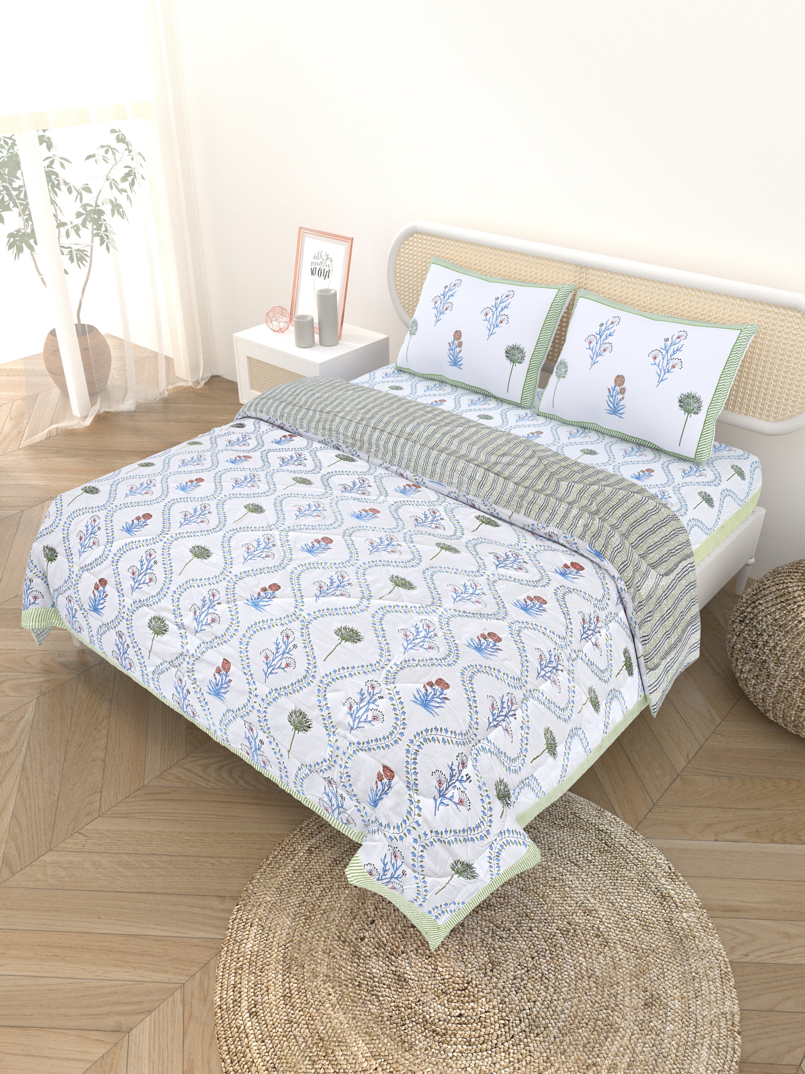 Floral Printed Bedding Set - 1 King Bedsheet, 1 Jaipuri Razai/Quilt, 2 Pillow Covers