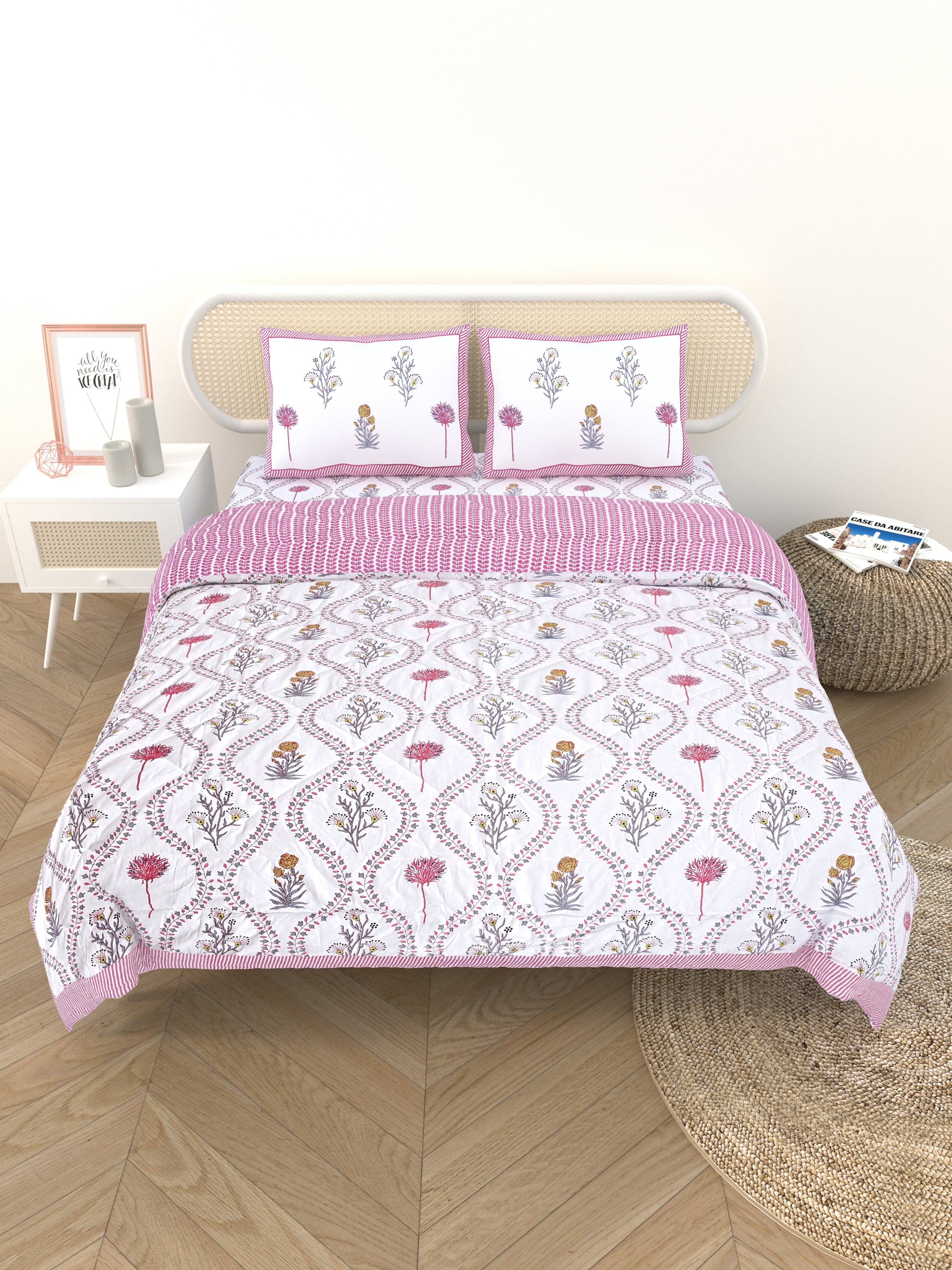 Floral Printed Bedding Set - 1 King Bedsheet, 1 Jaipuri Razai/Quilt, 2 Pillow Covers