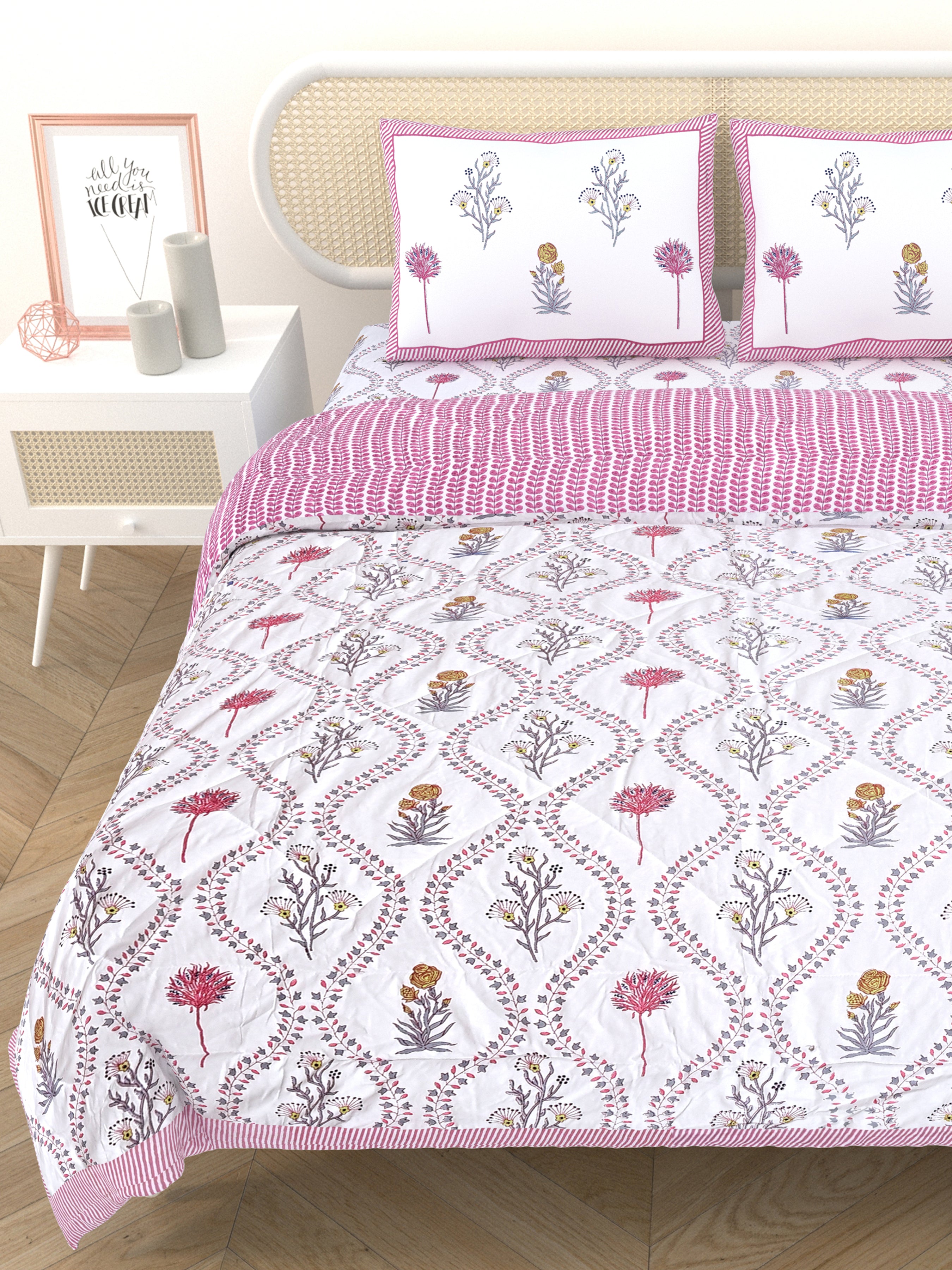 Floral Printed Bedding Set - 1 King Bedsheet, 1 Jaipuri Razai/Quilt, 2 Pillow Covers