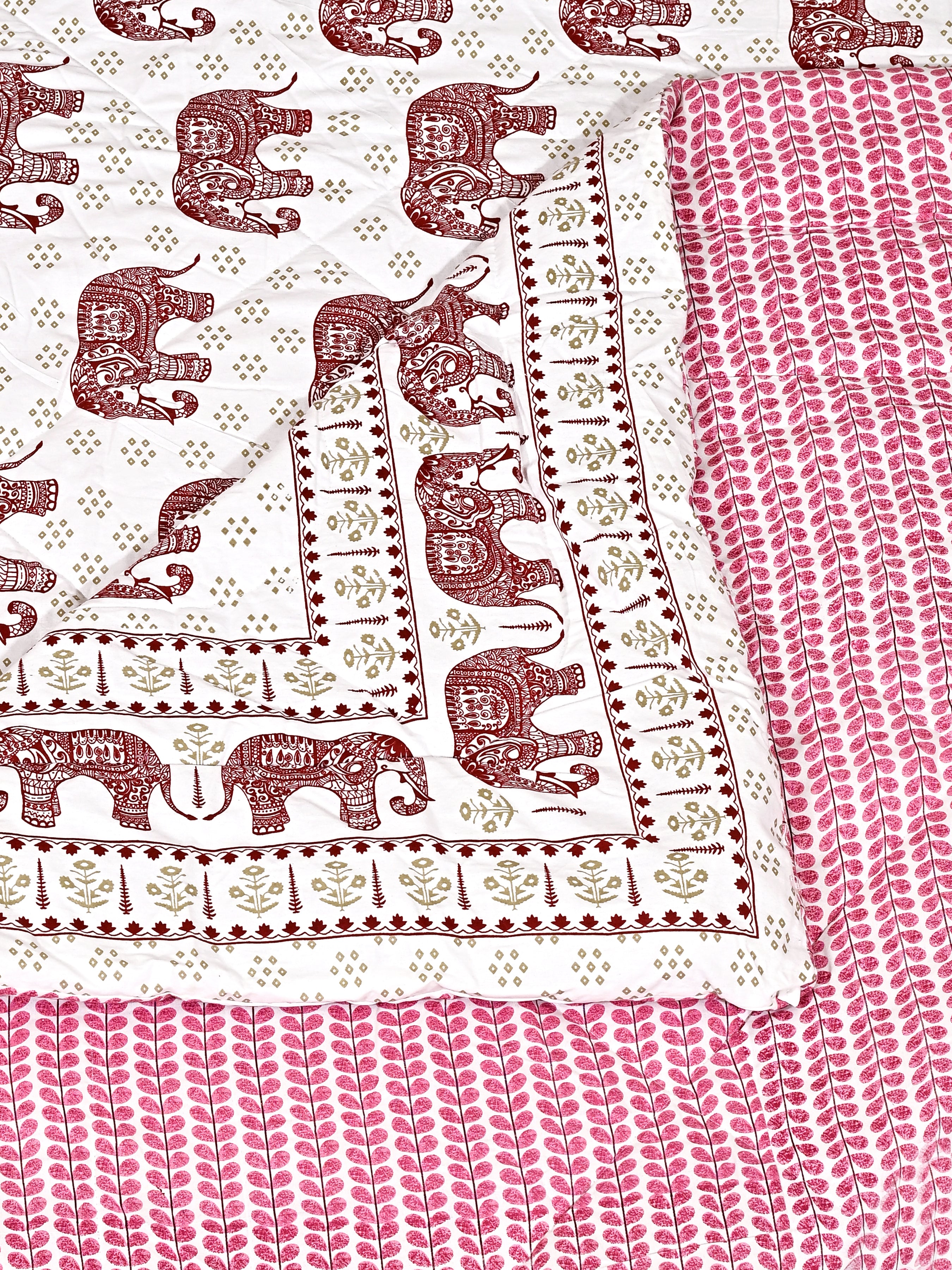 Floral Printed Bedding Set - 1 King Bedsheet, 1 Jaipuri Razai/Quilt, 2 Pillow Covers