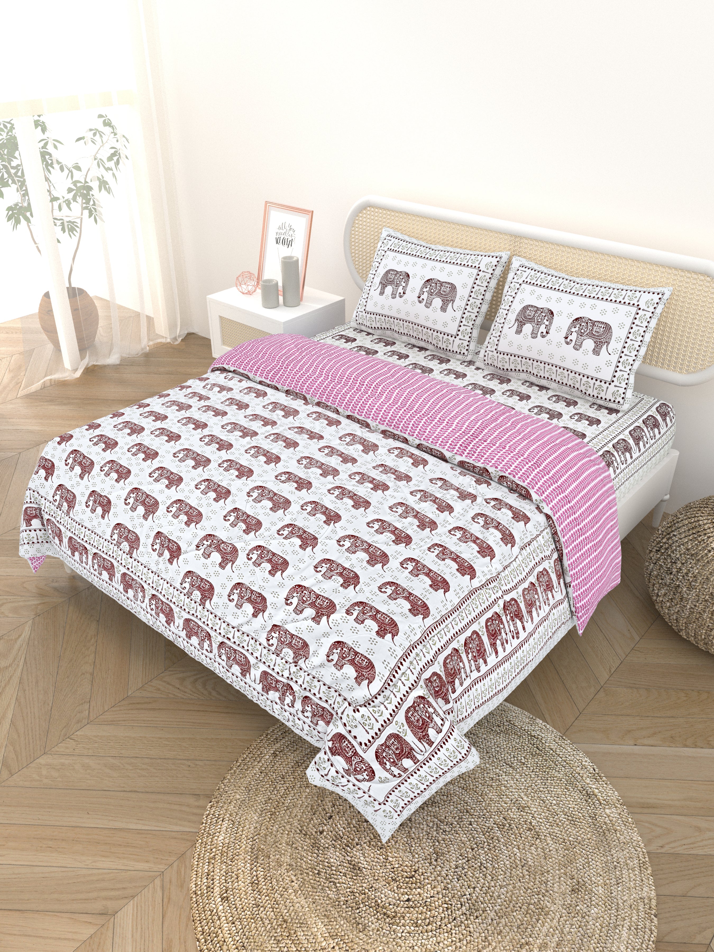 Floral Printed Bedding Set - 1 King Bedsheet, 1 Jaipuri Razai/Quilt, 2 Pillow Covers