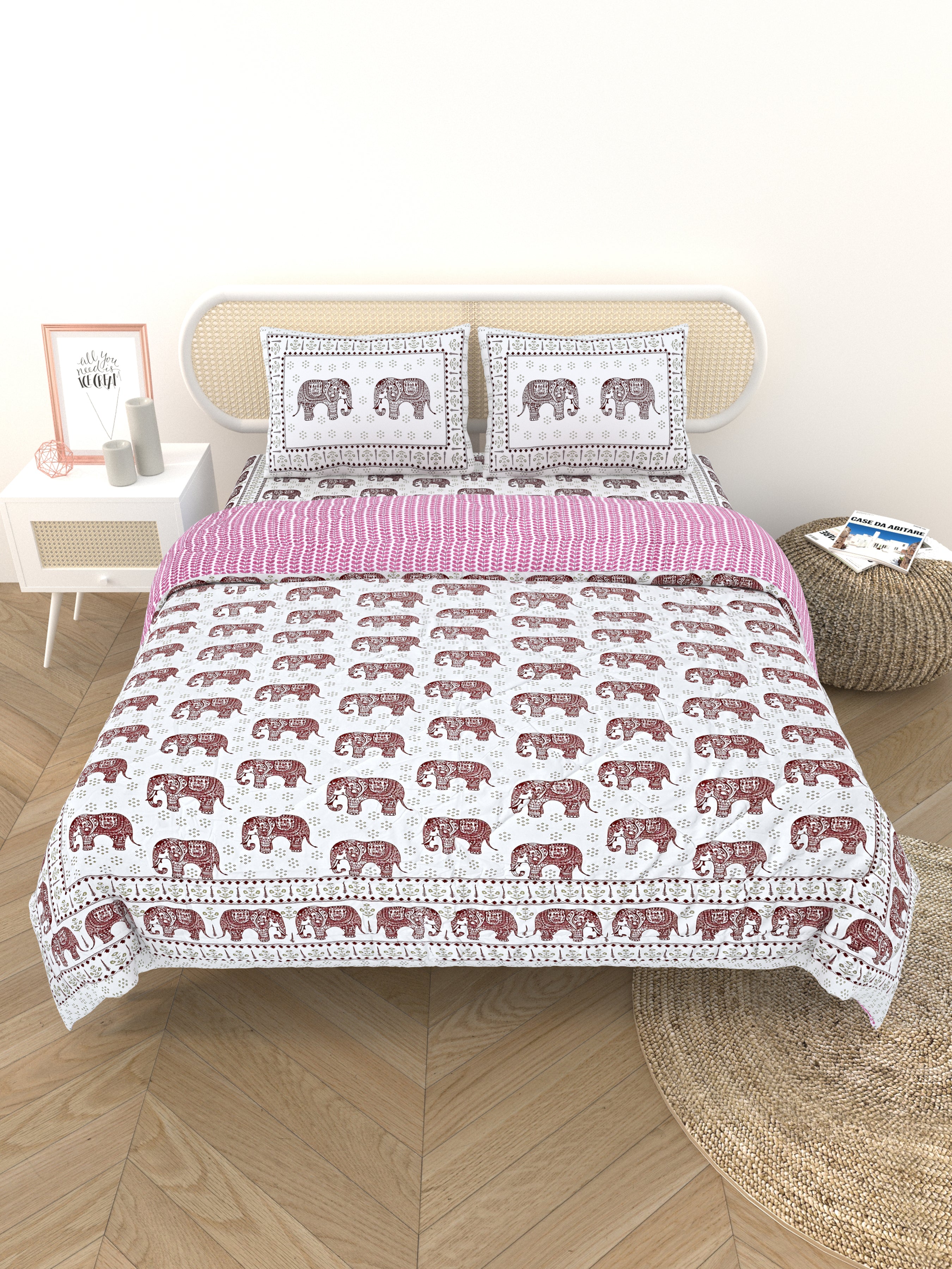 Floral Printed Bedding Set - 1 King Bedsheet, 1 Jaipuri Razai/Quilt, 2 Pillow Covers