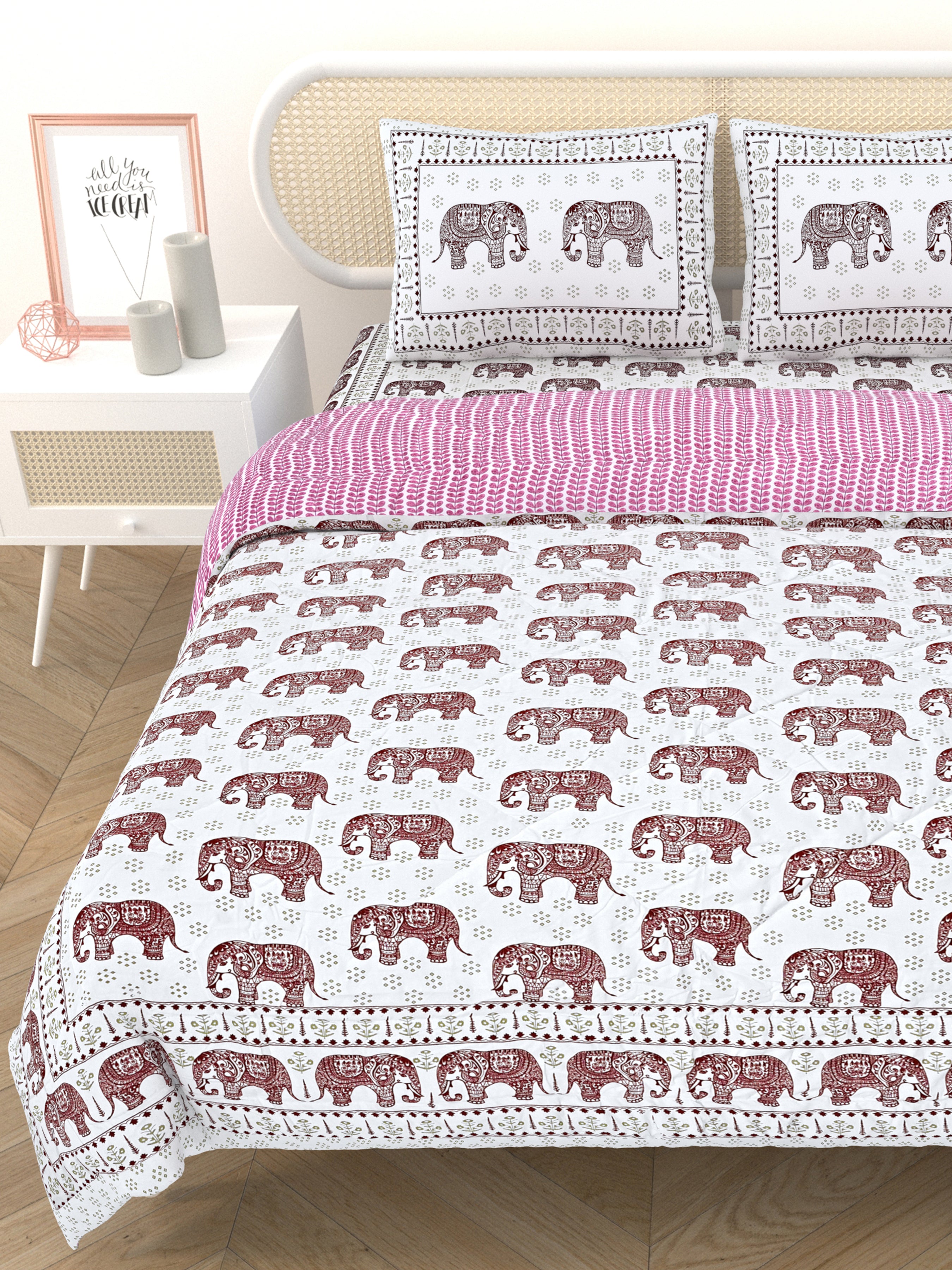 Floral Printed Bedding Set - 1 King Bedsheet, 1 Jaipuri Razai/Quilt, 2 Pillow Covers