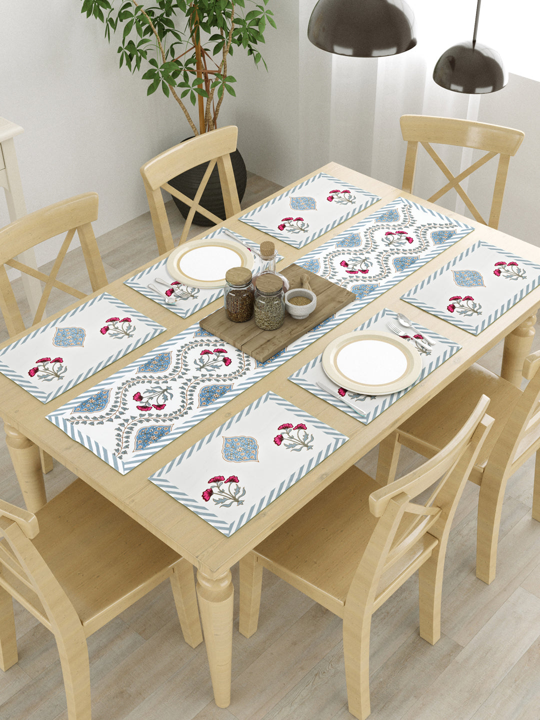 Diwali Gift Box with Handblock Printed Canvas Cotton Table Runner, Set Of 6 Mats & set of 2 Laddoo Candle