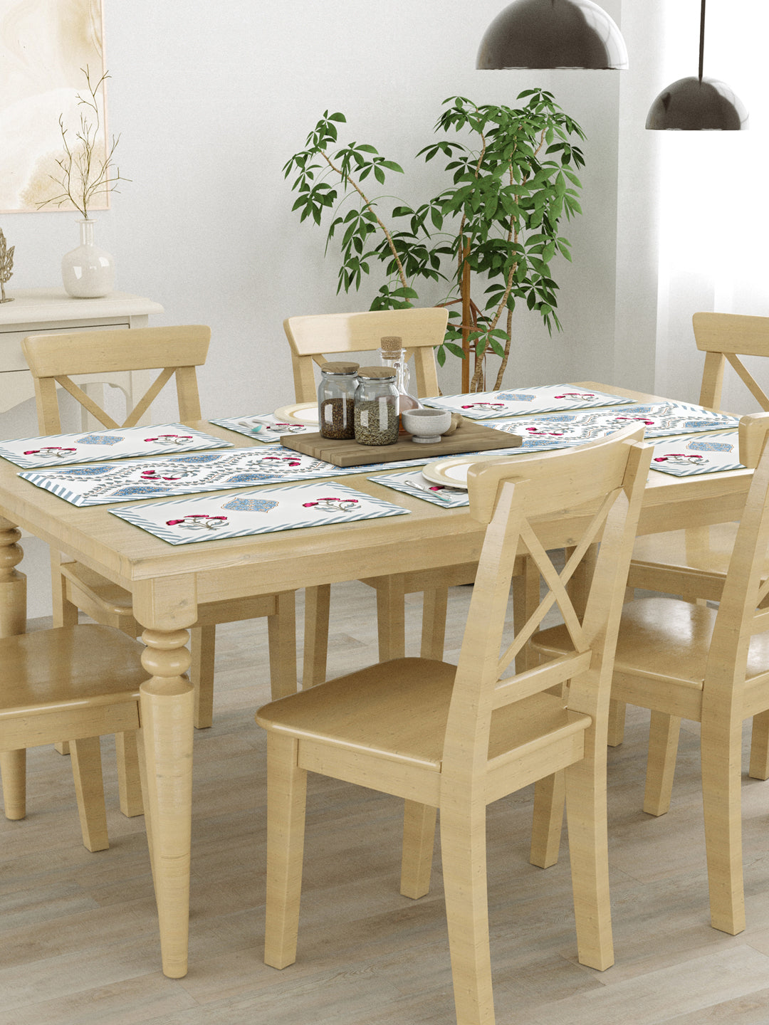Handblock Printed Canvas Cotton Table Runner With Set Of 6 Mats