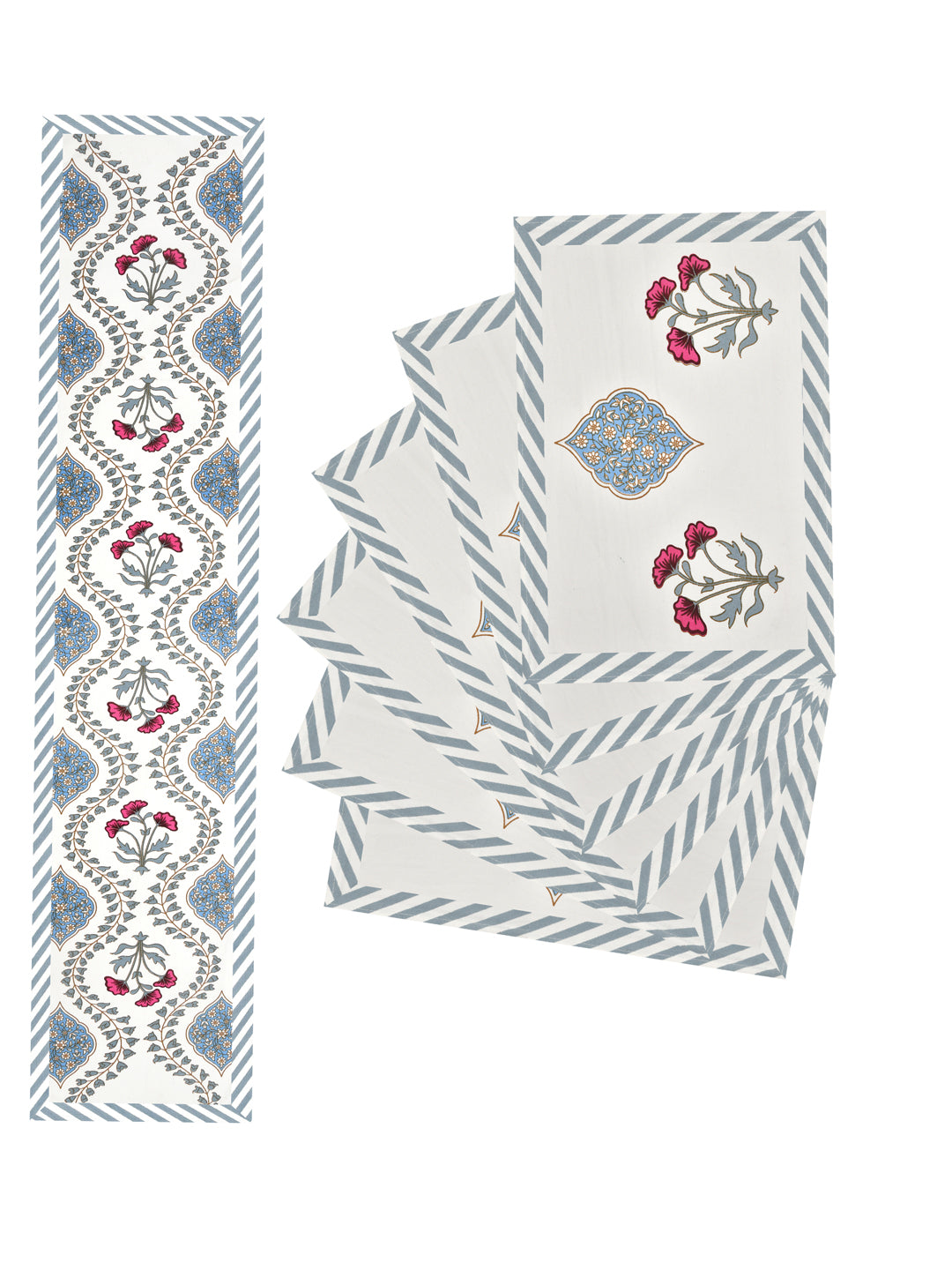 Diwali Gift Box with Handblock Printed Canvas Cotton Table Runner, Set Of 6 Mats & set of 2 Laddoo Candle