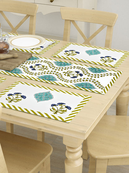 Handblock Printed Canvas Cotton Table Runner With Set Of 6 Mats