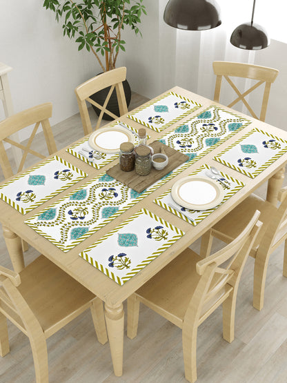 Handblock Printed Canvas Cotton Table Runner With Set Of 6 Mats