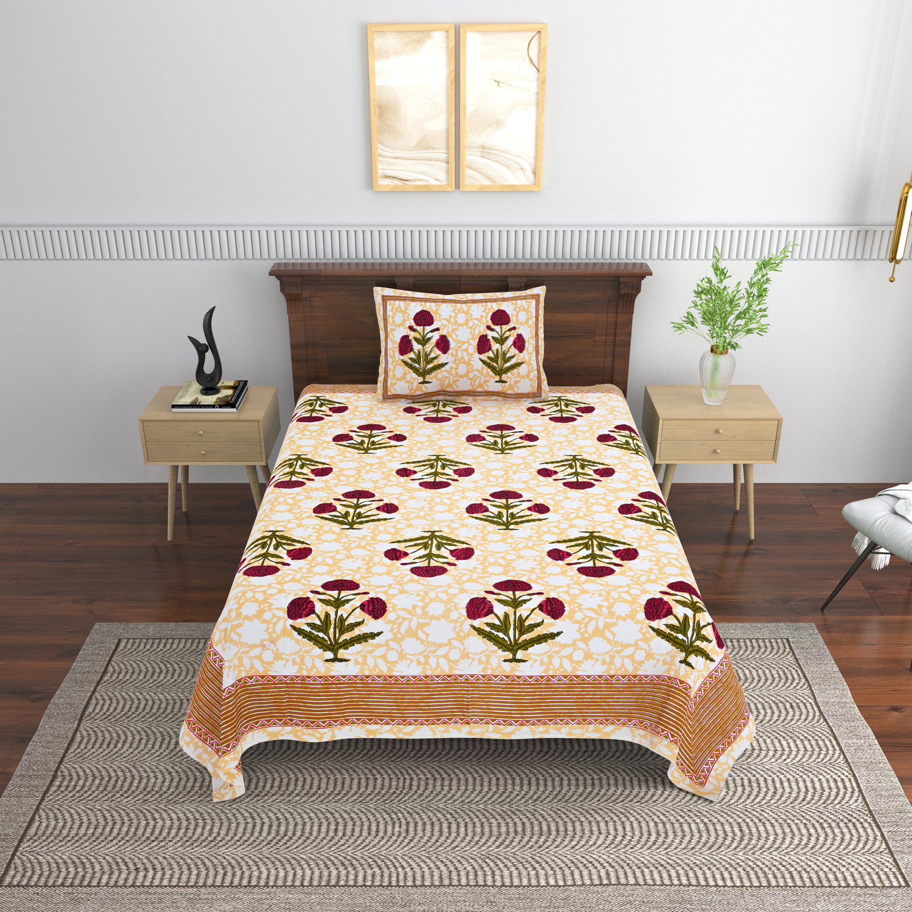 Cotton Floral Print Single bedsheet with 1 Pillow Cover