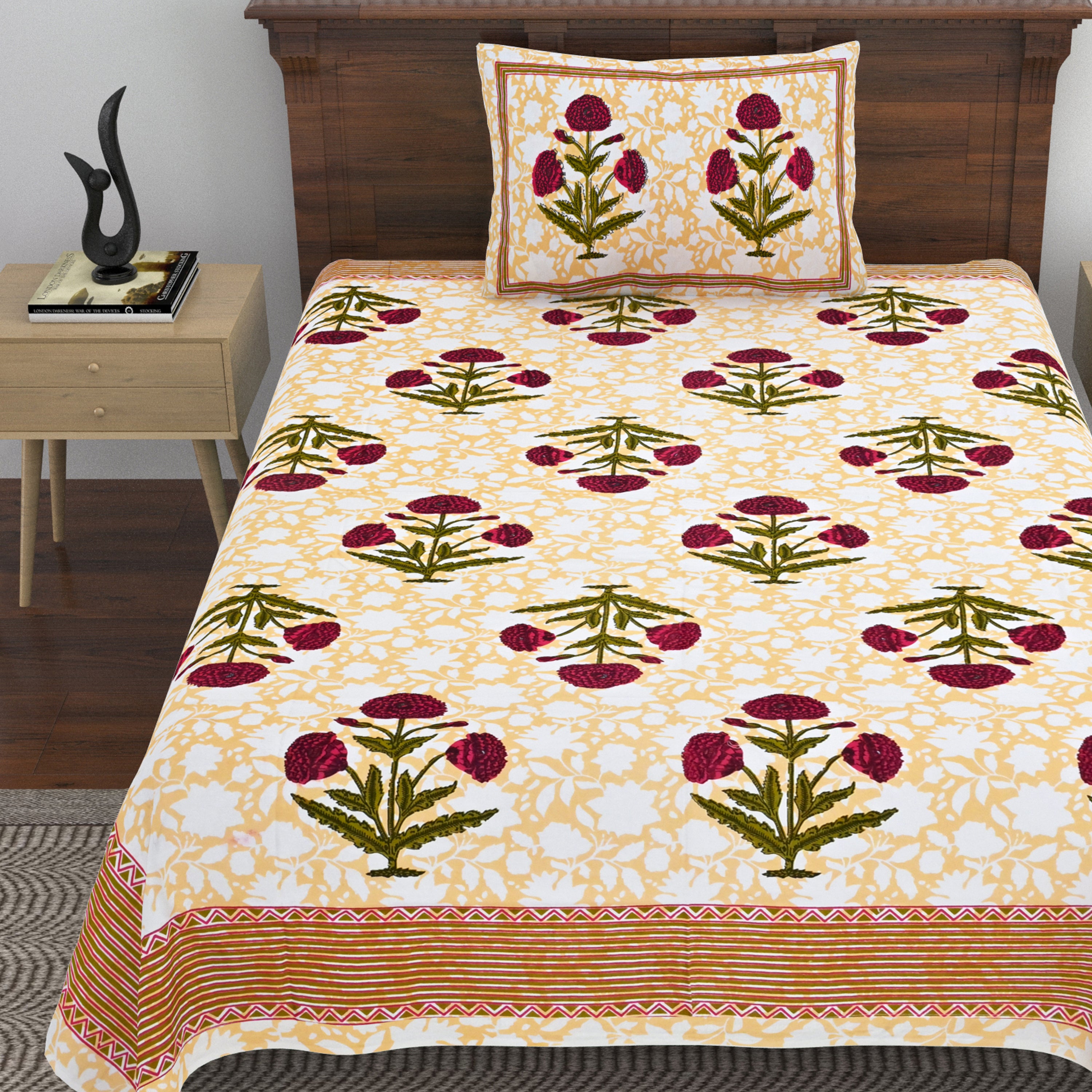 Cotton Floral Print Single bedsheet with 1 Pillow Cover