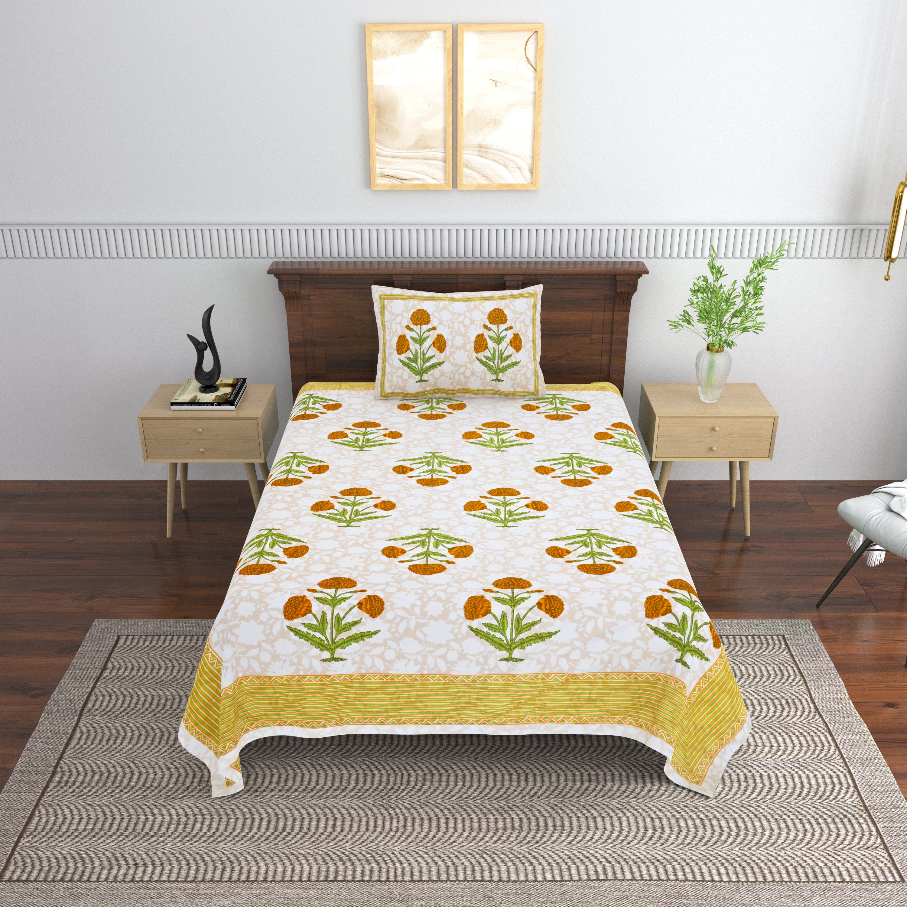 Cotton Floral Print Single bedsheet with 1 Pillow Cover