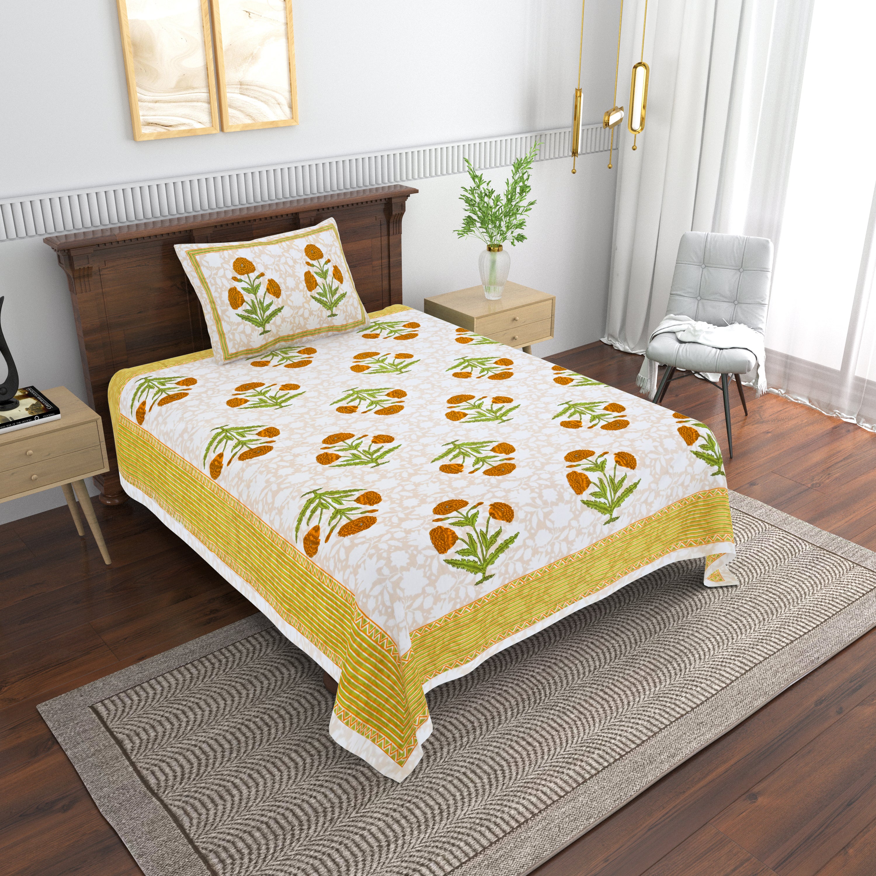 Cotton Floral Print Single bedsheet with 1 Pillow Cover