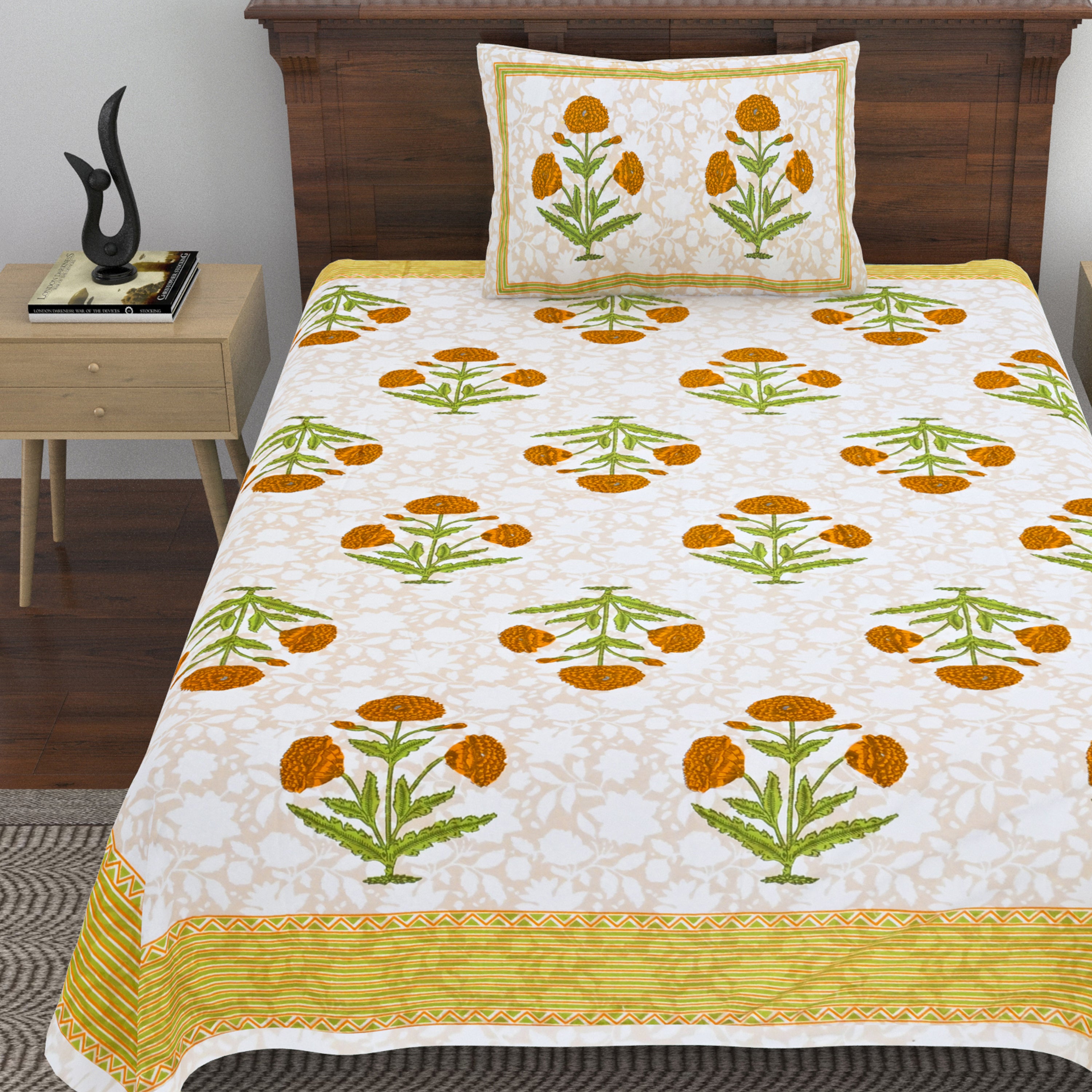 Cotton Floral Print Single bedsheet with 1 Pillow Cover