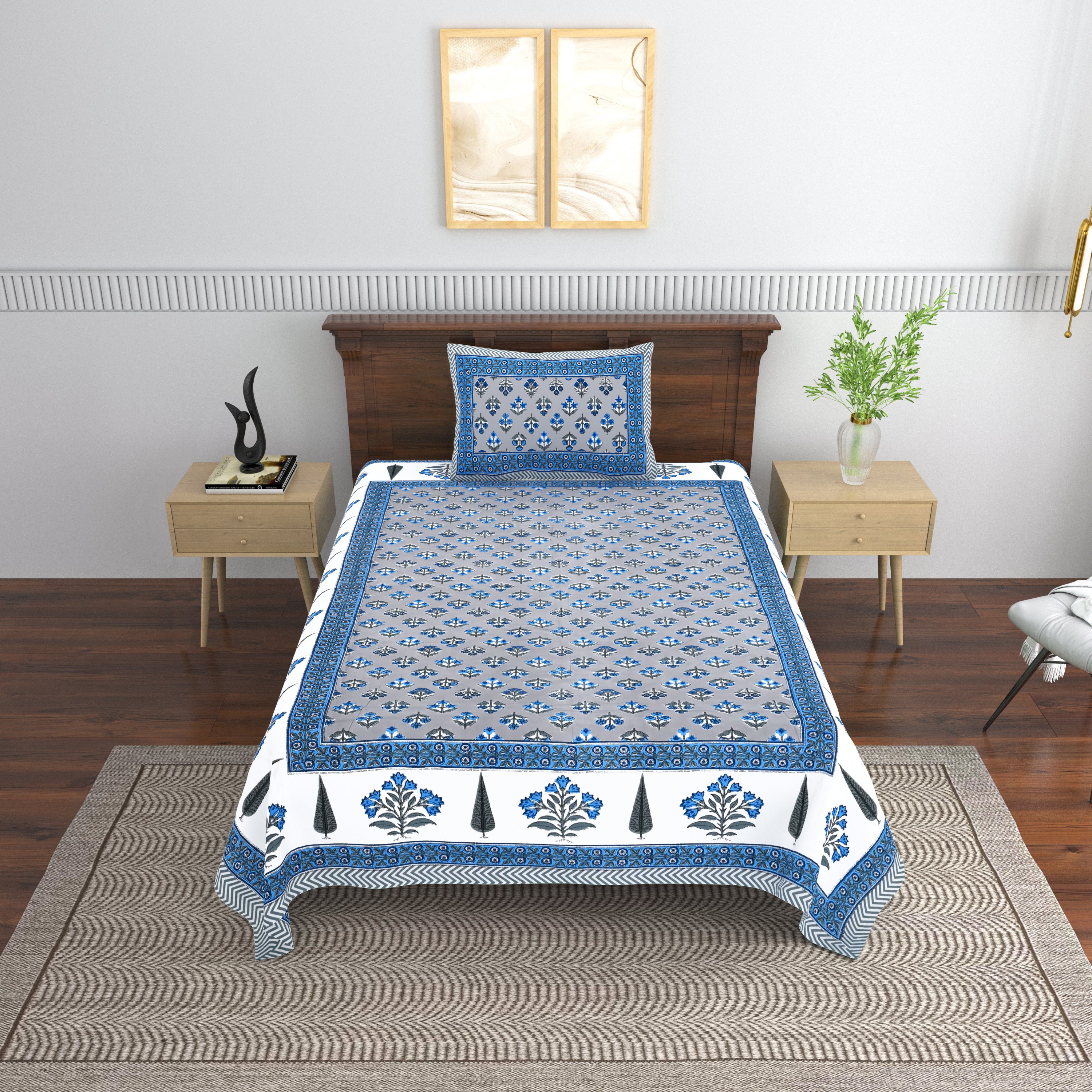 Cotton Floral Print Single bedsheet with 1 Pillow Cover