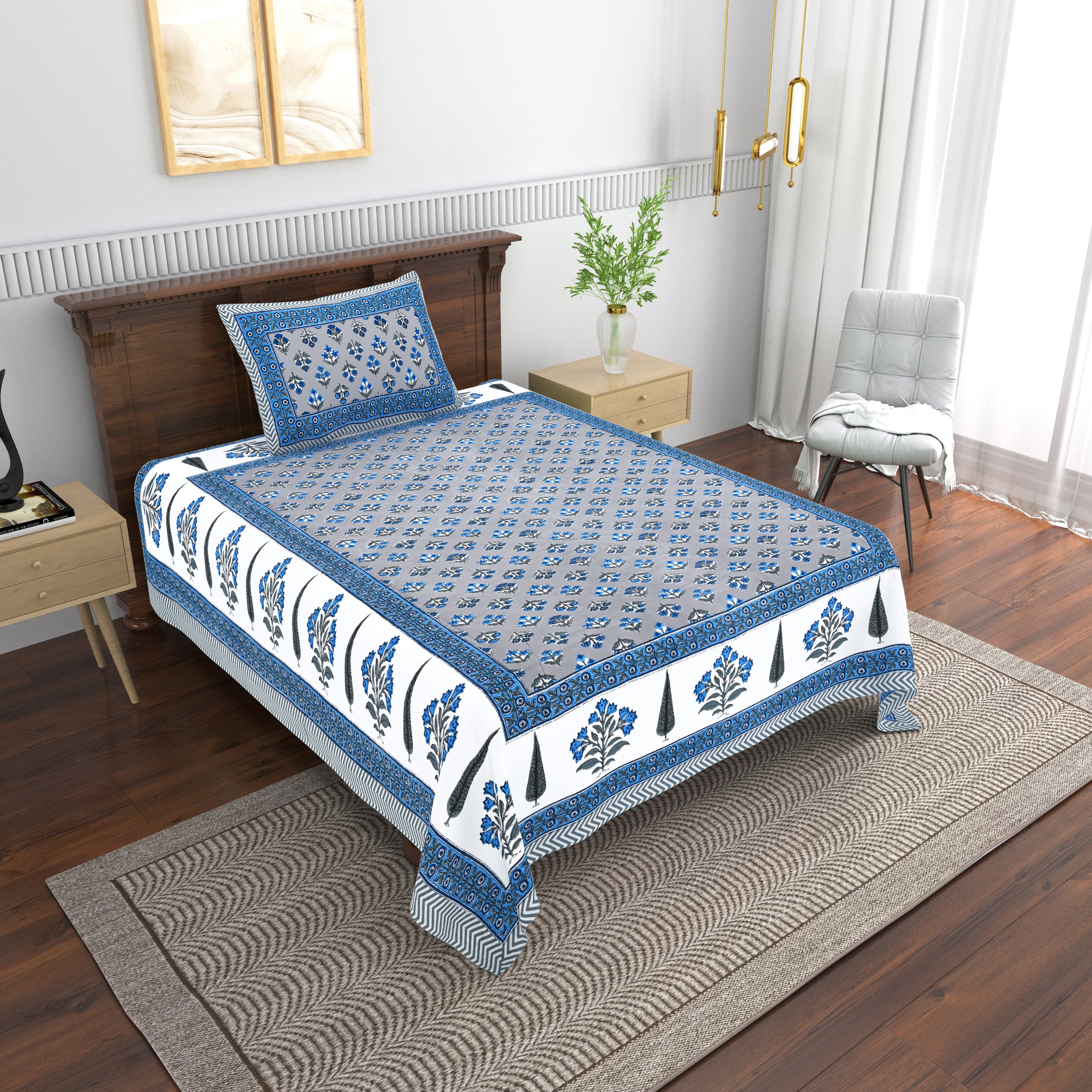 Cotton Floral Print Single bedsheet with 1 Pillow Cover