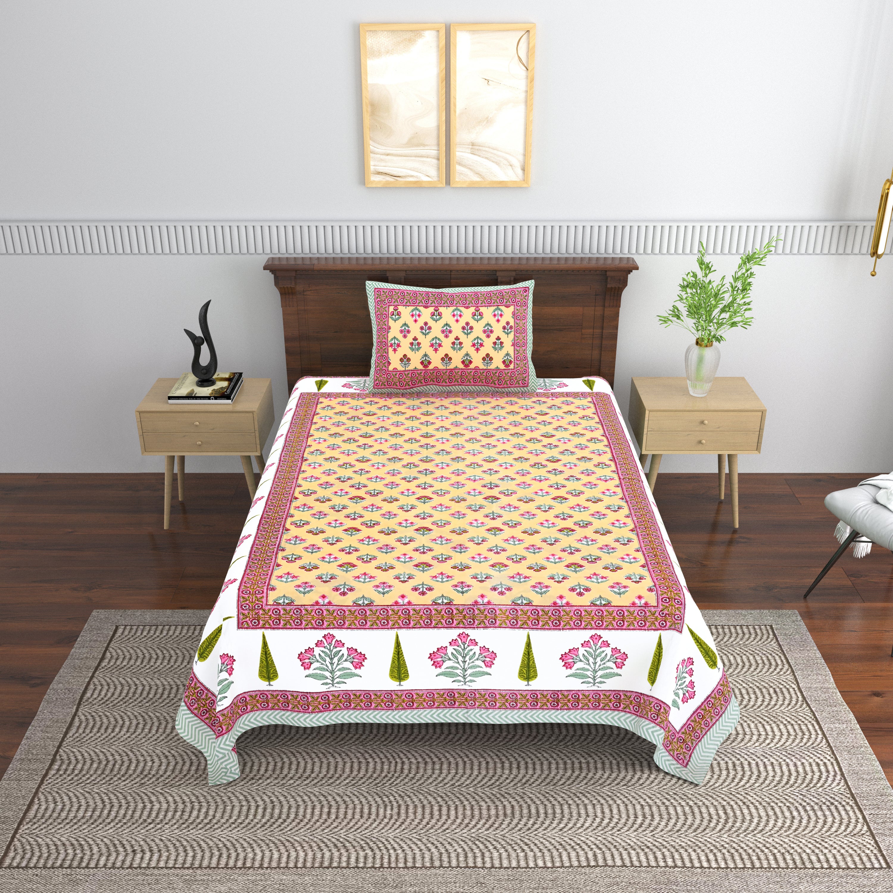 Cotton Floral Print Single bedsheet with 1 Pillow Cover