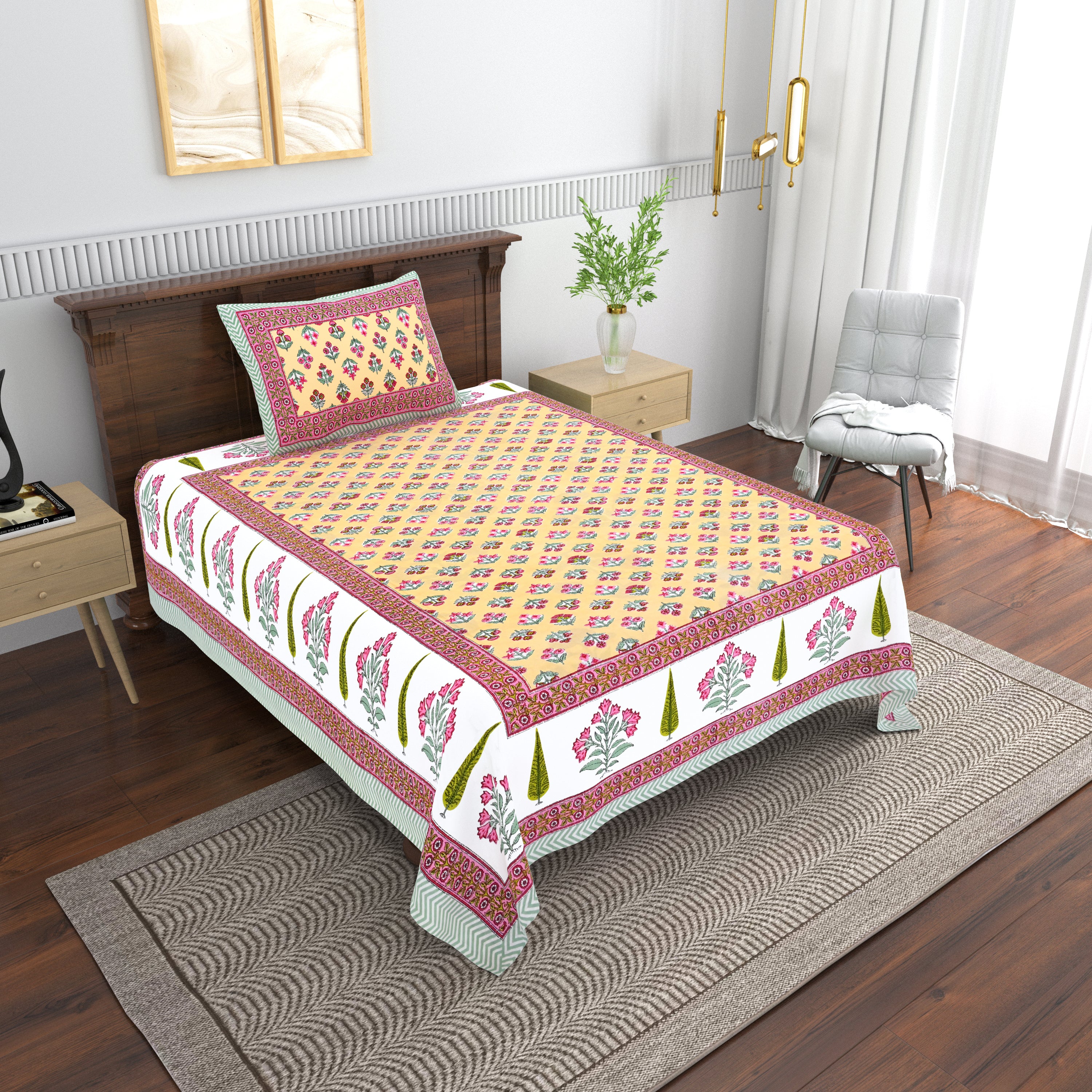 Cotton Floral Print Single bedsheet with 1 Pillow Cover